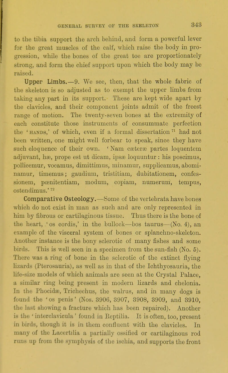 to the tibia support the arch behind, and form a powerful lever for the great muscles of the calf, which raise the body in pro- gression, while the bones of the great toe are proportionately strong, and form the chief support upon which the body may be raised. Upper Limbs.—9. We see, then, that the whole fabric of the skeleton is so adjusted as to exempt the upper limbs from taking any part in its support. These are kept wide apart by the clavicles, and their component joints admit of the freest range of motion. The twenty-seven bones at the extremity of each constitute those instruments of consummate perfection the ' HANDS,' of which, even if a formal dissertation ^' had not been written, one might well forbear to speak, since they have such eloquence of their own. ' Nam cseterae partes loquentem adjuvant, hse, prope est ut dicam, ipste loquuntur : his poscimus, polhcemm*, vocamus, dimittimus, minamur, supplicamus, abomi- namur, timemus; gaudium, tristitiam, dubitationem, confes- sionem, pcenitentiam, modum, copiam, numerum, tempus, ostendimus.' Comparative Osteologfy.—Some of the vertebrata have bones which do not exist in man as such and are only represented in him by fibrous or cartilaginous tissue. Thus there is the bone of the heart, 'os cordis,' in the bullock—bos taurus—(No. 4), an example of the visceral system of bones or splanchno-skeleton. Another instance is the bony sclerotic of many fishes and some birds. This is well seen in a specimen from the sun-fish (No. 5). There was a ring of bone in the sclerotic of the extinct flying lizards (Pterosauria), as well as in that of the Ichthyosauria, the life-size models of which animals are seen at the Crystal Palace, a similar ring being present in modern lizards and chelonia. In the Phocidge, Trichechus, the walrus, and in many dogs is found the ' os penis' (Nos. 3906, 3907, 3908, 3909, and 3910, the last showing a fracture which has been repaired). Another is the ' interclavicula' found in Pieptilia. It is often, too, present in birds, though it is in them confluent with the clavicles. In many of the Lacertjlia a partially ossified or cartilaginous rod runs up from the symphysis of the ischia, and supports the front