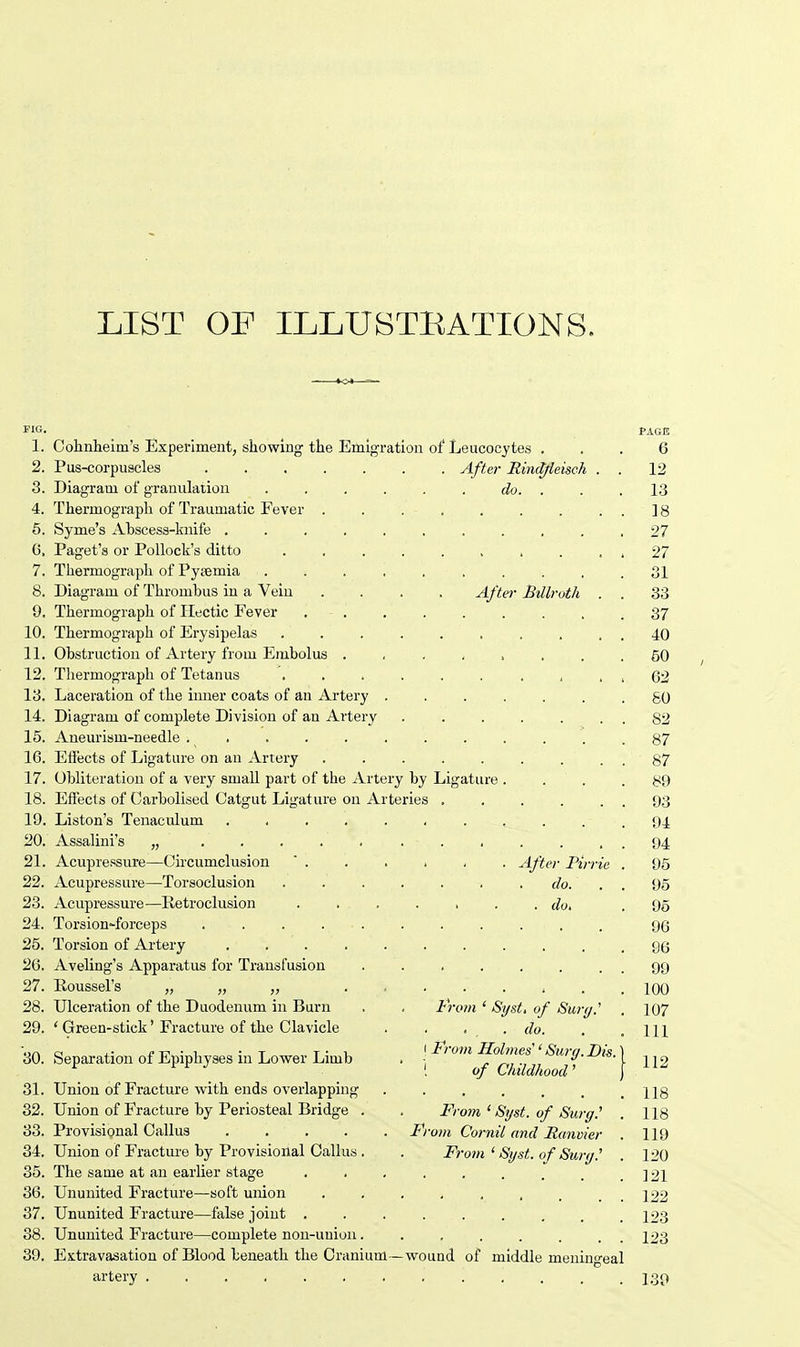 LIST OF ILLUSTRATIONS. PIG. PAGE 1. Cohnheim's Experiment, showing; the Emigration of Leucocytes ... 6 2. Pus-corpuscles After Riiufyteisch . . 12 3. Diagram of granulation do. ... 13 4. Thermograph of Traumatic Fever . . . . . . . ..18 5. Syme's Abscess-knife 27 0. Paget's or Pollock's ditto .......... 27 7. Thermograph of Pyeemia .......... 31 8. Diagram of Thrombus in a Vein .... After Billroth . . 33 0. Thermograph of Hectic Fever . . . . . . . , .37 10. Thermograph of Erysipelas 40 11. Obstruction of Artery from Embolus 50 12. Thermograph of Tetanus .......... 62 13. Laceration of the inner coats of an Artery ....... SO 14. Diagram of complete Division of an Artery .82 15. Aneurism-needle. s . 87 16. Eflects of Ligature on an Artery ......... 37 17. Obliteration of a very small part of the Artery by Ligature . . .89 18. Effects of Carbolised Catgut Ligature on Arteries 93 19. Liston's Tenaculum 94 20. Assalini's „ 94 21. Acupressure—Circumclusion . . . . . . After Pirrie . 95 22. Acupressure—Torsoclusion do. . . 95 23. Acupressure—Retroclusion ....... do. . 95 24. Torsion~forceps . . . 96 25. Torsion of Artery ........... qq 26. Aveling's Apparatus for Transfusion 99 27. Roussel's „ „ „ ........ 100 28. Ulceration of the Duodenum in Burn . . from ' Syst, of Surg.' . 107 29. ' Green-stick' Fracture of the Clavicle . . . do. . .111 30. Separation of Epiphyses in Lower Limb . \ From Rimes''Surg. Dis.) .of Childhood' J 31. Union of Fracture with ends overlapping ...... \\Q 32. Union of Fracture by Periosteal Bridge . . From 1 Syst. of Surg.' . 118 33. Provisional Callus From Cornil and Hanvier . 119 34. Union of Fracture by Provisional Callus . . From ' Syst. of Surg.' . 120 35. The same at an earlier stage ........ ]21 36. Ununited Fracture—soft union 122 37. Ununited Fracture—false joint ......... 123 38. Ununited Fracture—complete non-union........ 123 39. Extravasation of Blood beneath the Cranium—wound of middle meningeal artery . . . , . . . . . . . . .139