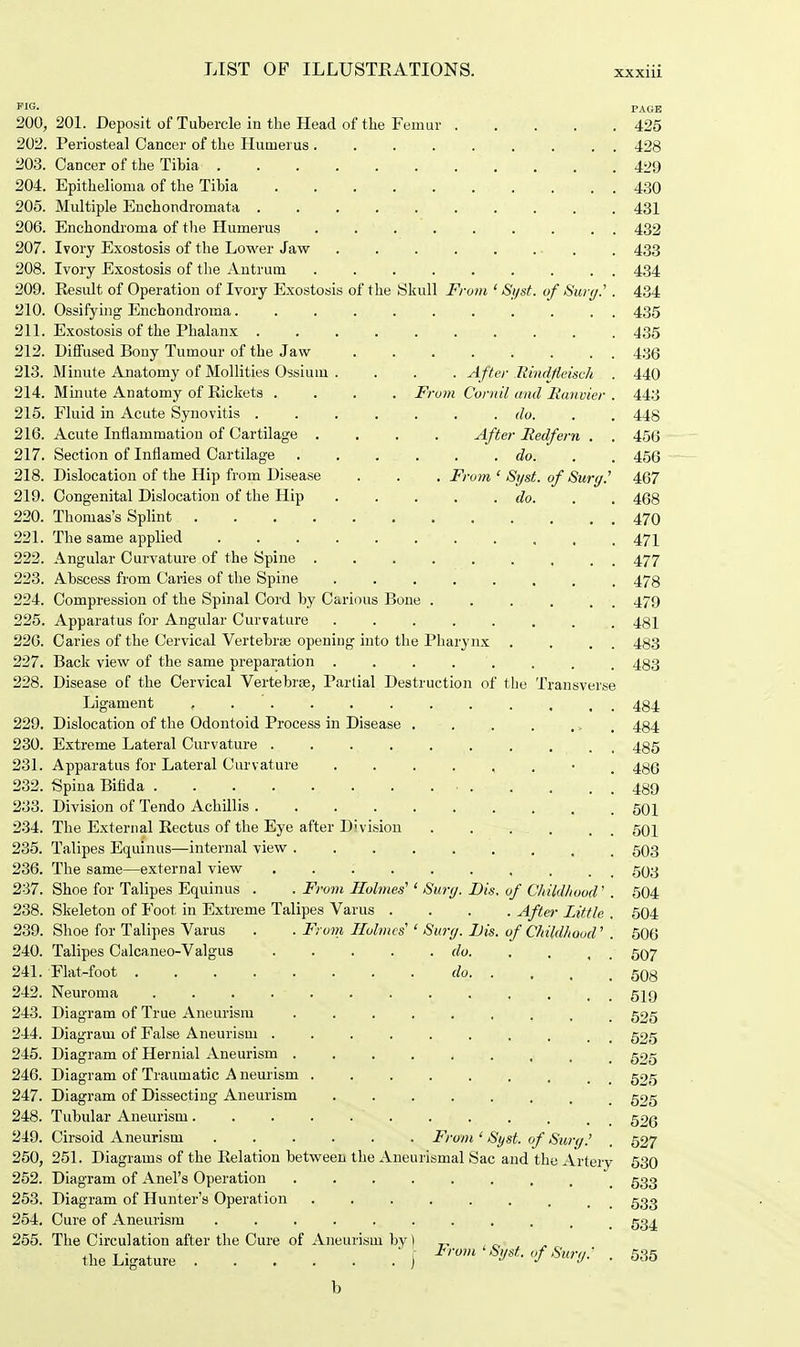 PIG. PAGE 200, 201. Deposit of Tubercle in the Head of the Femur 425 202. Periosteal Cancer of the Humerus 428 203. Cancer of the Tibia 429 204. Epithelioma of the Tibia 430 205. Multiple Enchondromata 431 206. Enchondroma of the Humerus 432 207. Ivory Exostosis of the Lower Jaw . 433 208. Ivory Exostosis of the Antrum ......... 434 209. Result of Operation of Ivory Exostosis of the Skull From ' Si/st. of Swy.'. 434 210. Ossifying Enchondroma. .......... 435 211. Exostosis of the Phalanx 435 212. Diffused Bony Tumour of the Jaw ........ 436 213. Minute Anatomy of Mollities O^sium .... After Mindfleisch . 440 214. Minute Anatomy of Rickets . . . . Ft 'om Cornil und Iianvier . 443 215. Fluid in Acute Synovitis . do. 44S 216. Acute Inflammation of Cartilage .... After Redfern . . 456 217. Section of Inflamed Cartilage do. 456 218. Dislocation of the Hip from Disease . . . From ' Syst. of Sury.'' 467 219. Congenital Dislocation of the Hip do. 468 220. Thomas's Splint 470 221. The same applied 471 222. Angular Curvature of the Spine 477 223. Abscess from Caries of the Spine 478 224. Compression of the Spinal Cord by Carious Bone . . . . . 479 225. Apparatus for Angular Curvature 481 226. Caries of the Cervical Vertebrae opening into the Pharynx . . . . 483 227. Back view of the same preparation . . . . . . . 433 228. Disease of the Cervical Vertebrae, Partial Destruction of the Transverse Ligament , 484 229. Dislocation of the Odontoid Process in Disease > 484 230. Extreme Lateral Curvature 435 231. Apparatus for Lateral Curvature 486 232. Spina Bifida 489 233. Division of Tendo Achillis 501 234. The External Rectus of the Eye after D'vision . . . . . 501 235. Talipes Equinus—internal view 503 236. The same—external view . . . . . . , . . 503 237. Shoe for Talipes Equinus . . From Holmes'1 Sury. Dis, of Childhood' . 504 238. Skeleton of Foot, in Extreme Talipes Varus .... After Little . 504 239. Shoe for Talipes Varus . . From Holmes'' Sury. Dis. of Childhood' . 506 240. Talipes Calcaneo-Valgus do 507 241. Flat-foot . . . . . . . . do 508 242. Neuroma . . . 519 243. Diagram of True Aneurism 525 244. Diagram of False Aneurism 525 245. Diagram of Hernial Aneurism 525 246. Diagram of Traumatic A neurism 595 247. Diagram of Dissecting Aneurism g25 248. Tubular Aneurism 52g 249. Cirsoid Aneurism From ' Syst. of Sury.' . 527 250. 251. Diagrams of the Relation between the Aneurismal Sac and thy Artery 530 252. Diagram of Anel's Operation 533 253. Diagram of Hunter's Operation 533 254. Cure of Aneurism 534 255. The Circulation after the Cure of Aneurism by) „ the Ligature \ From SVst-of SuryJ . 535 b