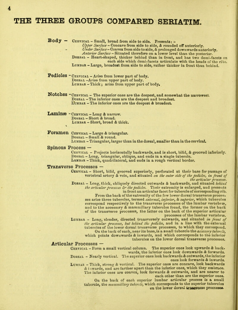 THE THREE GROUPS COMPARED SERIATIM. Body — Cervical - Small, broad from side to side. Presents: - Upper Surface - Concave from side to side, & rounded off anteriorly. Under Surface - Convex from side to side, & prolonged downwards anteriorly. Anterior Surface - Situated therefore on a lower level than the posterior- Dorsal - Heart-shaped, thicker behind than in front, and has two demi-facets on each side which demi-facets articulate with the heads of the rib.?. Lumbar - Large, broadest from side to side, rather thicker in front than behind. Pedicles - Cervical - Arise from lower part of body. Dorsal -Arise from upper part of body. Lumbar - Thick; arise from upper part of body. Notches Cervical - The superior ones are the deepest, and somewhat the narrowest. Dorsal - The inferior ones are the deepest and broadest. Lumbar - The inferior ones are the deepest & broadest. Laminae - Cervical - Long & narrow. Dorsal - Short & broad. Lumbar - Short, broad & thick. Foramen Cervical - Large & triangular. Dorsal - Small & round. Lumbar - Triangular, larger than in the dorsal, smaller than in the cervical. Spinous Process — Cervical - Projects horizontally backwards, and is short, bifid, & grooved inferiorly. Don sal - Long, triangular, oblique, and ends in a single tubercle. Lumbar - Thick, quadrilateral, and ends in a rough vertical border. Transverse Processes — Cervical - Short, bifid, grooved superiorly, perforated at their base for passage of vertebral artery & vein, and situated on the outer side of the pedicles, in front of the articular processes. Dorsal - Long, thick, obliquely directed outwards & backwards, and situated behind the articular processes 6° the pedicles. Their extremity is enlarged, and presents in front an articular facet for tubercle of corresponding rib. From the back of the extremity of the few lower dorsal transverse proces- ses arise three tubercles, termed external, inferior, & superior, which tubercles correspond respectively to the transverse processes of the lumbar vertebrae, and to the accessory & mammillary tubercles found, the former on the back of the transverse processes, the latter on the back of the superior articular processes of the lumbar vertebras. Lumbar - Long, slender, directed transversely outwards, and situated in front of the articular processes, but behind the pedicles, and in a line with the externaL tubercles of the lower dorsal transverse processes, to which they correspond. On the back of each, near its base, is a small tubercle the accessory tubercle, which points downwards & inwards, and which corresponds to the inferior tubercles on the lower dorsal transverse processes. Articular Processes — Cervical - Form a small vertical column. The superior ones look upwards & back- wards, the inferior ones look downwards & forwards. Dorsal - Nearly vertical. The superior ones look backwards & outwards, the inferior ones look forwards & inwards. Lumbar - Thick, strong & vertical. The superior ones are concave, look baokwards & i iwards, and are farther apart than the inferior ones, which they embrace. The inferior ones are convex, look forwards & outwards, and are nearer to each other than are the superior ones. On the back of each superior lumbar articular process is a small tubercle, the mammillary tubercle, which corresponds to the superior tubercles on the lower dorsal transverse procssse*.