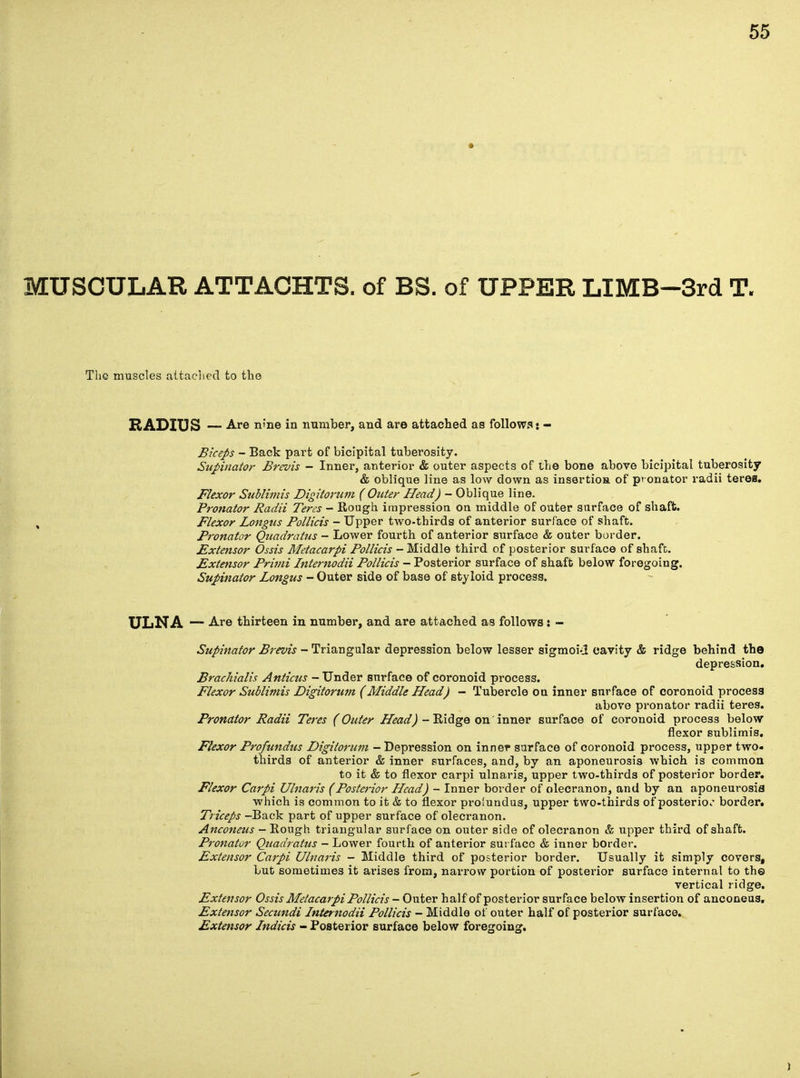 MUSCULAR ATTACHTS. of BS. of UPPER LIMB—3rd T. The muscles attached to the RADIUS — Are nine in number, and are attached as follows: - Biceps - Back part of bicipital tuberosity. Supinator Brevis - Inner, anterior & outer aspects of the bone above bicipital tuberosity & oblique line as low down as insertion of pronator radii teres. Flexor Sublimis Digitorum (Outer Head) - Oblique line. Pronator Radii Teres - Rough impression on middle of outer surface of shaft. Flexor Longus Pollicis - Upper two-thirds of anterior surface of shaft. Pronator Quadratics - Lower fourth of anterior surface & outer border. Extensor Ossis Metacarpi Pollicis - Middle third of posterior surface of shaft. Extensor Primi Internodii Pollicis — Posterior surface of shaft below foregoing. Supinator Longus - Outer side of base of styloid process. ULNA — Are thirteen in number, and are attached as follows: - Supinator Brevis - Triangular depression below lesser sigmoid cavity & ridge behind the depression. Brachialis Anticus - Under surface of coronoid process. Flexor Sublimis Digitorum (Middle Head) - Tubercle on inner surface of coronoid process above pronator radii teres. Pronator Radii Teres (Outer Head) - Ridge on inner surface of coronoid process below flexor sublimis. Flexor Profundus Digitorum - Depression on inner surface of coronoid process, upper two- thirds of anterior & inner surfaces, and, by an aponeurosis which is common to it & to flexor carpi ulnaris, upper two-thirds of posterior border. Flexor Carpi Ulnaris (Posterior Head) - Inner border of olecranon, and by an aponeurosis which is common to it & to flexor profundus, upper two-thirds of posterior border. Triceps -Back part of upper surface of olecranon. Anconeus — Rough triangular surface on outer side of olecranon & upper third of shaft. Pronator Quadratus - Lower fourth of anterior surface & inner border. Extensor Carpi Ulnaris - Middle third of posterior border. Usually it simply covers, but sometimes it arises from, narrow portion of posterior surface internal to the vertical ridge. Extensor Ossis Metacarpi Pollicis - Outer half of posterior surface below insertion of anconeus. Extensor Secundi Internodii Pollicis - Middle of outer half of posterior surface. Extensor Jndicis - Posterior surface below foregoing.