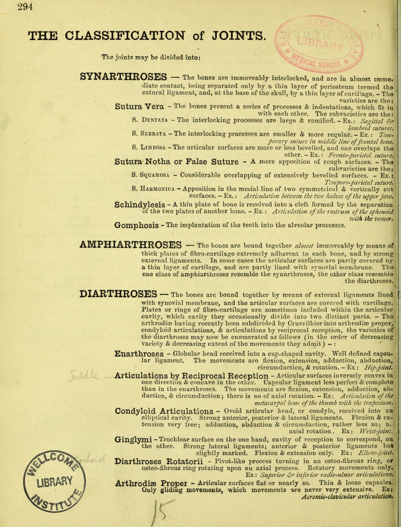 THE CLASSIFICATION of JOINTS. The joints may be divided into: SYNARTHROSES — The bones are immoveably interlocked, and are in almost imme- diate contact, being separated only by a thin layer of periosteum termed the sutural ligament, and, at the base of the skull, by a thin layer of cartilage. - The varieties are the: Sutura Vera - The bones present a series of processes & indentations, which fit in with each other. The subvarieties are the: S. Dentata - The interlocking processes are large & ramified. - Ex.: Sagittal St* lamboid sutures. S. Sekrata - The interlocking processes are smaller & more regular. - Ex.: Tem- porary suture in middle line of frontal bone. S. Limbosa - The articular surfaces are more or less bevelled, and one overlaps the other. - Ex.: Fronto-parietal suture. Sutura Notha Or False Suture - A mere apposition of rough surfaces. - The subvarieties are the : S. Squamosa - Considerable overlapping of extensively bevelled surfaces. - Ex.: Temporoparietal suture. S. Harmonica - Apposition in the mesial line of two symmetrical & vertically cut surfaces. - Ex.: Articulation betzveen the two halves of the upper jaw. Schindylesis - A thin plate of bone is received into a cleft formed by the separation of the two plates of another bone. - Ex.: Articulation of the rostrum of the sphenoid with the vomer. Gomphosis - The implantation of the teeth into the alveolar processes. ABUPHXARTHROSES — The bones are bound together alniost immoveably by means of thick plates of fibro-cartilage extremely adherent to each bone, and by strong external ligaments. In some cases the articular surfaces are partly covered by a thin layer of cartilage, and are partly lined with synovial membrane. The one class of amphiarthroses resemble the synarthroses, the other class resemble the diarthroses. DIARTHROSES — The bones are bound together by means of external ligaments lined with synovial membrane, and the articular surfaces are covered with cartilage. Plates or rings of fibro-cartilage are sometimes included within the articular cavity, which cavity they occasionally divide into two distinct parts. - The arthrodiaa having recently been subdivided by Cruveilhier into arthi-odiaa proper, condyloid articulations, & articulations by reciprocal reception, the varieties of the diarthroses may now be enumerated as follows (in the order of decreasing variety & decreasing extent of the movements they admit) - : Snarthroses - Globular head received into a cup-shaped cavity. Well defined capsu- lar ligament. The movements are flexion, extension, adduction, abduction, circumduction, & rotation. - Ex: Hip-joint. Articulations by Reciprocal Reception - Articular surfaces inversely convex in one direction & concave in the other. Capsular ligament less perfect & complete than in the enai-throses. The movements are flexion, extension, adduction, ab- duction, & circumduction j there is no of axial rotation. - Ex: Articulation of the metacarpal bone of the thumb with the trapezium. Condyloid Articulations - Ovoid articular head, or condyle, received into an elliptical cavity. Strong anterior, posterior & lateral ligaments. Flexion & ex« . tension very free; adduction, abduction & circumduction, rather less so; m I axial rotation. Ex: Wrist joint. Ginglymi-Trochlear surface on the one hand, cavity of reception to correspond, on the other. Strong lateral ligaments; anterior & posterior ligaments but slightly marked. Flexion & extension only. Ex: Elbow joint. Diarthroses Rotatorii - Pivot-like process turning in an osteo-fibrous ring, J osteo-fibrous ring rotating upon an axial process. Rotatory movements only. Ex: Stiperior 6° inferior radio-ulnar articulations. Arthrodise Proper - Articular surfaces fiat or nearly so. Thin & loose capsules. Only gliding movements, which movements are never very extensive. Ex: Acromio-clavicular articulation.