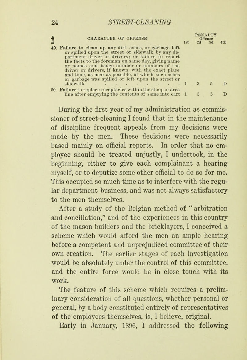 PENALTY •I CHARACTER OF OFFENSE Offense (§ 1st 2d 3d 49. Failure to clean up any dirt, ashes, or garbage left or spilled upon the street or sidewalk by any de- partment driver or drivers; or failure to report the facts to the foreman on same day, giving name or names and badge number or numbers of the driver or drivers, if known, with the exact place and time, as near as possible, at which such ashes or garbage was spilled or left upon the street or sidewalk 1 3 5 50. Failure to replace receptacles within the stoop or area line after emptying the contents of same into cart 13 5 During the first year of my administration as commis- sioner of street-cleaning I found that in the maintenance of discipline frequent appeals from my decisions were made by the men. These decisions were necessarily based mainly on official reports. In order that no em- ployee should be treated unjustly, I undertook, in the beginning, either to give each complainant a hearing myself, or to deputize some other official to do so for me. This occupied so much time as to interfere with the regu- lar department business, and was not always satisfactory to the men themselves. After a study of the Belgian method of arbitration and conciliation, and of the experiences in this country of the mason builders and the bricklayers, I conceived a scheme which would afford the men an ample hearing before a competent and unprejudiced committee of their own creation. The earlier stages of each investigation would be absolutely under the control of this committee, and the entire force would be in close touch with its work. The feature of this scheme which requires a prelim- inary consideration of all questions, whether personal or general, by a body constituted entirely of representatives of the employees themselves, is, I believe, original. Early in January, 1896, I addressed the following