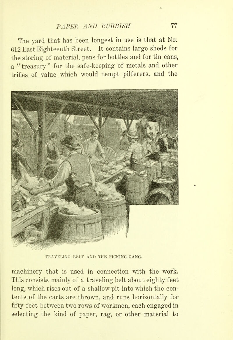 The yard that has been longest in use is that at No. 612 East Eighteenth Street. It contains large sheds for the storing of material, pens for bottles and for tin cans, a  treasury  for the safe-keeping of metals and other trifles of value which would tempt pilferers, and the TRAVELING BELT AND THE PICKING-GANG. machinery that is used in connection with the work. This consists mainly of a traveling belt about eighty feet long, which rises out of a shallow pit into which the con- tents of the carts are thrown, and runs horizontally for fifty feet between two rows of workmen, each engaged in selecting the kind of paper, rag, or other material to
