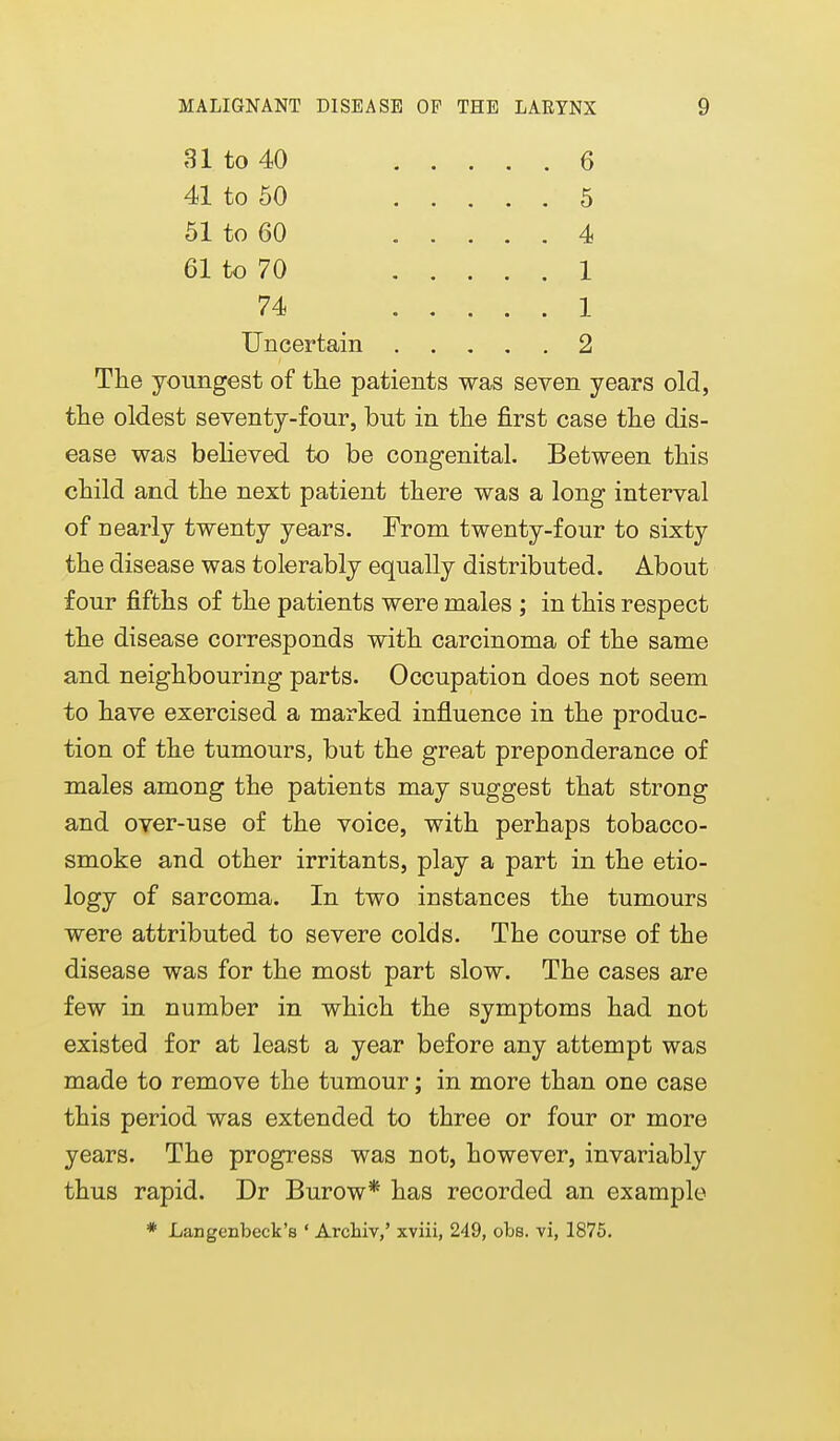 81 to 40 6 41 to 60 5 51 to 60 4 61 to 70 1 74 1 Uncertain 2 The youngest of tlie patients was seven years old, tlie oldest seventy-four, but in tlie first case the dis- ease was believed to be congenital. Between tliis child and tlie next patient there was a long interval of nearly twenty years. From twenty-four to sixty the disease was tolerably equally distributed. About four fifths of the patients were males ; in this respect the disease corresponds with carcinoma of the same and neighbouring parts. Occupation does not seem to have exercised a marked influence in the produc- tion of the tumours, but the great preponderance of males among the patients may suggest that strong and over-use of the voice, with perhaps tobacco- smoke and other irritants, play a part in the etio- logy of sarcoma. In two instances the tumours were attributed to severe colds. The course of the disease was for the most part slow. The cases are few in number in which the symptoms had not existed for at least a year before any attempt was made to remove the tumour; in more than one case this period was extended to three or four or more years. The progress was not, however, invariably thus rapid. Dr Burow* has recorded an example * Langenbeck's ' Arcbiv,' xviii, 249, obs. vi, 1875.