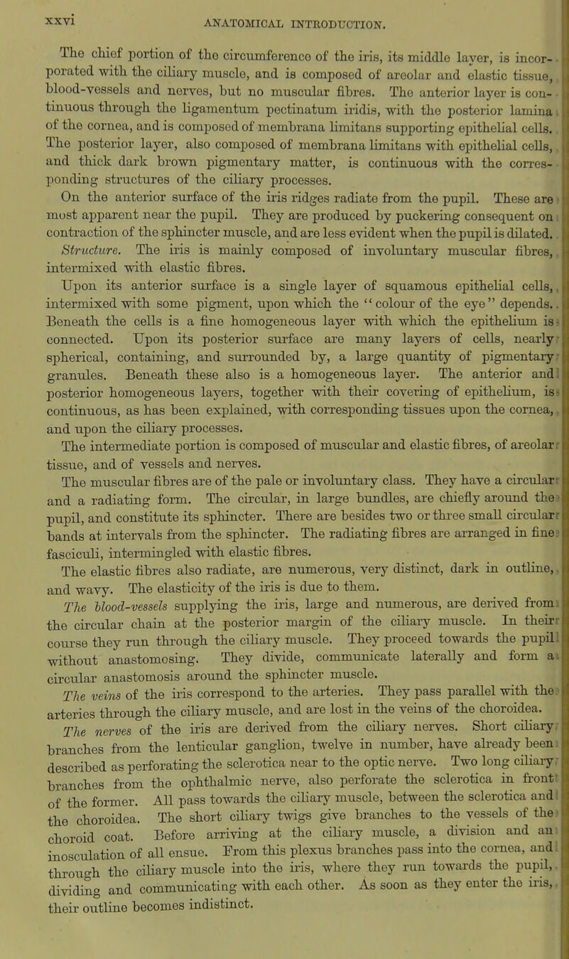 The chief portion of the circumference of the iris, its middle layer, is incor- • porated with the ciliary muscle, and is composed of areolar and elastic tissue, blood-vessels and nerves, but no muscular fibres. The anterior layer is con- tinuous through the ligamentum pectinatum iridis, with the posterior lamina of the cornea, and is composed of membrana limitans supporting epithelial cells. The posterior layer, also composed of membrana limitans with epithelial cells, and thick dark brown pigmentary matter, is continuous with the corres- ponding structures of the ciliary processes. On the anterior surface of the iris ridges radiate from the pupil. These are most apparent near the pupil. They are produced by puckering consequent on contraction of the sphincter muscle, and are less evident when the pupil is dilated. Structure. The iris is mainly composed of involuntary muscular fibres, intermixed with elastic fibres. Upon its anterior surface is a single layer of squamous epithelial cells,. intermixed with some pigment, upon which the  colom- of the eye depends.. Beneath the cells is a fine homogeneous layer with which the epithelium is- connected. Upon its posterior surface are many layers of cells, nearly sj)herical, containing, and surrounded by, a large quantity of pigmentary: granules. Beneath these also is a homogeneous layer. The anterior andi posterior homogeneous layers, together with their covering of epithelium, is- continuous, as has been explained, with corresponding tissues upon the cornea,, and upon the ciliary processes. The intermediate portion is composed of muscular and elastic fibres, of areolar i tissue, and of vessels and nerves. The muscular fibres are of the pale or involuntary class. They have a circular; and a radiating form. The circular, in large bundles, are chiefly aroimd the pupil, and constitute its sphincter. There are besides two or three small circular; bands at intervals from the sphincter. The radiating fibres are arranged in fine: fasciculi, intermingled with elastic fibres. The elastic fibres also radiate, are numerous, very distinct, dark in outline, and wavy. The elasticity of the iris is due to them. The blood-vessels supplying the iris, large and numerous, are derived from the circular chain at the posterior margin of the ciliary muscle. In their: course they run through the ciliary muscle. They proceed towards the pupil. without anastomosing. They divide, communicate laterally and form circular anastomosis around the sphincter muscle. The veins of the iris correspond to the arteries. They pass parallel with the arteries through the ciliary muscle, and are lost in the veins of the choroidea. The nerves of the iris are derived from the ciliary nerves. Short ciliary, branches from the lenticular ganglion, twelve in number, have already been i described as perforating the sclerotica near to the optic nerve. Two long ciliary r branches from the ophthalmic nerve, also perforate the sclerotica in frontt of the former. All pass towards the ciliaiy muscle, between the sclerotica andi the choroidea. The short ciliary twigs give branches to the vessels of the> choroid coat. Before arriving at the ciHary muscle, a division and am inosculation of all ensue. From this plexus branches pass into the cornea, andi through the ciliary muscle into the iiis, where they run towards the pupil,, dividing and communicating with each other. As soon as they enter the iris, their outline becomes indistinct.