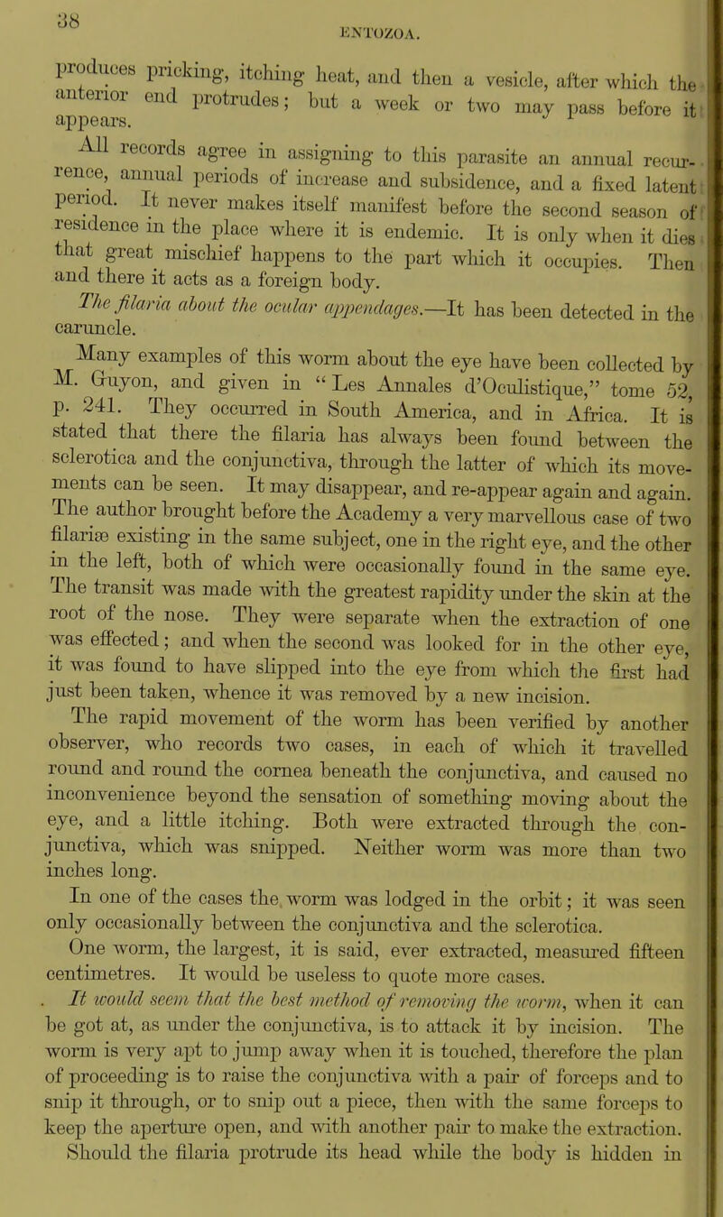 •iu ENTOZOA. produces pricking, itching heat, and then a vesicle, alter which th<- anterior end protrudes; but a week or two may pass before it appears. AH records agree in assigning to this parasite an annual recui'- rence annual periods of increase and subsidence, and a fixed latent penod. It never makes itself manifest before the second season of residence m the place where it is endemic. It is only when it dies that great mischief happens to the part which it occupies. Then and there it acts as a foreign body. Thefilmia about the ocular appendages.—li has been detected in the caruncle. Many examples of this worm about the eye have been coUected by M. G-uyon, and given in  Les Annales d'Oculistique, tome 52, p. 241. They occurred in South America, and in Africa. It is stated that there the filaria has always been found between the sclerotica and the conjunctiva, through the latter of which its move- ments can be seen. It may disappear, and re-appear again and again. The author brought before the Academy a very marvellous case of two filarise existing in the same subject, one in the right eye, and the other in the left, both of which were occasionally found in the same eye. The transit was made with the greatest rapidity under the skin at the root of the nose. They were separate when the extraction of one was effected; and when the second was looked for in the other eye, it was found to have slipped into the eye from which tlie first had just been taken, whence it was removed by a new incision. The rapid movement of the worm has been verified by another observer, who records two cases, in each of which it travelled round and round the cornea beneath the conjunctiva, and caused no inconvenience beyond the sensation of something moving about the eye, and a little itching. Both were extracted through the con- junctiva, which was snipped. Neither worm was more than two inches long. In one of the cases the worm was lodged in the orbit; it was seen only occasionally between the conjunctiva and the sclerotica. One worm, the largest, it is said, ever extracted, measui'ed fifteen centimetres. It would be useless to quote more cases. . It would seem that the best method of removing the worm, when it can be got at, as under the conjunctiva, is to attack it by incision. The worm is very apt to jump away when it is touched, therefore the plan of proceeding is to raise the conjunctiva with a paii' of forceps and to snip it through, or to snijD out a piece, then mth the same forceps to keep the aperture open, and with another pair to make the extraction. Should the filaria protrude its head while the body is hidden in