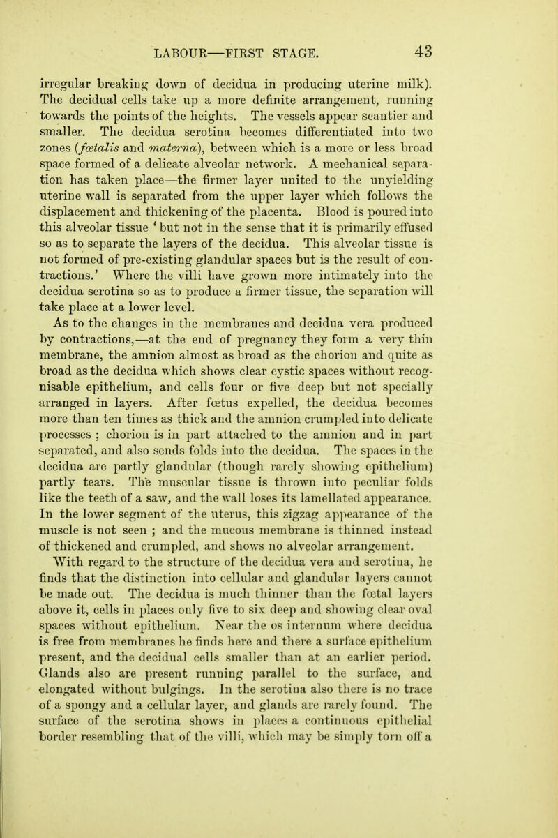irregular breakiug down of de(ddua in producing uterine milk). The decidual cells take up a more definite arrangement, running towards the points of the heights. The vessels appear scantier and smaller. The decidua serotina hecomes differentiated into two zones {foetalis and materna), between which is a more or less broad space formed of a delicate alveolar network. A mechanical separa- tion has taken place—the firmer layer united to the unyielding uterine wall is separated from the upper layer which follows the displacement and thickening of the placenta. Blood is poured into this alveolar tissue * but not in the sense that it is primarily efi'used so as to separate the layers of the decidua. This alveolar tissue is not formed of pre-existing glandular spaces but is the result of con- tractions.' Where the villi have grown more intimately into the decidua serotina so as to produce a firmer tissue, the separation will take place at a lower level. As to the changes in the membranes and decidua vera produced by contractions,—at the end of pregnancy they form a very thin membrane, the amnion almost as broad as the chorion and quite as broad as the decidua which shows clear cystic spaces without recog- nisable epithelium, and cells four or five deep but not specially arranged in layers. After foetus expelled, the decidua becomes more than ten times as thick and the amnion crumpled into delicate ])rocesses ; chorion is in part attached to the amnion and in part separated, and also sends folds into the decidua. The spaces in the decidua are partly glandular (though rarely showing epithelium) partly tears. The muscular tissue is thrown into peculiar folds like the teeth of a saw, and the wall loses its lamellated appearance. In the lower segment of the uterus, this zigzag appearance of the muscle is not seen ; and the mucous membrane is thinned instead of thickened and crumpled, and shows no alveolar arrangement. With regard to the structure of the decidua vera and serotina, he finds that the distinction into cellular and glandular layers cannot be made out. The decidua is much tliinner than the fcetal layers above it, cells in places only five to six deep and showing clear oval spaces without epithelium. Near the os internum where decidua is free from membranes he finds here and there a surface epithelium present, and the decidual cells smaller than at an earlier period. Glands also are present running parallel to the surface, and elongated without bulgings. In the serotina also there is no trace of a spongy and a cellular layer, and glands are rarely found. The surface of the serotina shows in i)laces a continuous epithelial border resembling that of the villi, which may be sini[)ly torn off a