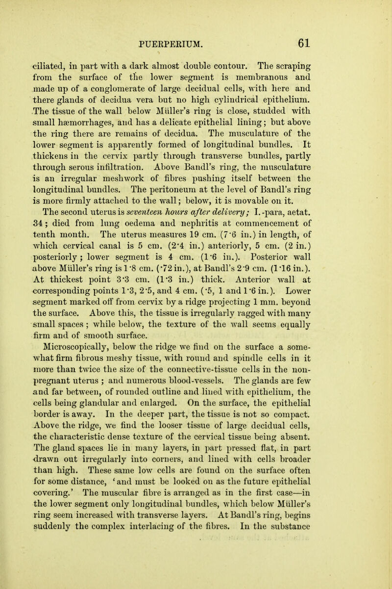 ciliated, in part with a dark almost double contour. The scraping from the surface of the lower segment is membranous and made up of a conglomerate of large decidual cells, with here and there glands of decidua vera but no high cylindrical epithelium. .The tissue of the wall below Midler's ring is close, studded with small haemorrhages, and has a delicate epithelial lining; but above the ring there are remains of decidua. The musculature of the lower segment is apparently formed of longitudinal bundles. It thickens in the cervix partly through transverse bundles, partly through serous infiltration. Above Bandl's ring, the musculature is an irregular meshwork of fibres pushing itself between the longitudinal bundles. The peritoneum at the level of Bandl's ring is more firmly attached to the wall; below, it is movable on it. The second uterus is seventeen hours after delivery; I. -para, aetat. 34; died from lung oedema and nephritis at commencement of tenth month. The uterus measures 19 cm. (76 in.) in length, of which cervical canal is 5 cm. (2'4 in.) anteriorly, 5 cm. (2in.) posteriorly; lower segment is 4 cm. (1'6 in.). Posterior wall above Miiller's ring is 1*8 cm. ('72 in.), at Bandl's 2-9 cm. (1*16 in.). At thickest point 33 cm. (1'3 in.) thick. Anterior wall at corresponding points 13, 2*5, and 4 cm. ('5, 1 and 1'6 in.). Lower segment marked off from cervix by a ridge projecting 1 mm. beyond the surface. Above this, the tissue is irregularly ragged with many small spaces ; while below, the texture of the wall seems equally firm and of smooth surface. Microscopically, below the ridge we find on tlie surface a some- what firm fibrous meshy tissue, with round and spindle cells in it more than twice the size of the connective-tissue cells in the non- pregnant uterus ; and numerous blood-vessels. The glands are few and far between, of rounded outline and lined with epithelium, the cells being glandular and enlarged. On the surface, the epithelial border is away. In the deeper part, the tissue is not so compact. Above the ridge, we find the looser tissue of large decidual cells, the characteristic dense texture of the cervical tissue being absent. The gland spaces lie in many layers, in part pressed flat, in part drawn out irregularly into corners, and lined with cells broader than high. These same low cells are found on the surface often for some distance, ' and must be looked on as the future epithelial covering.' The muscular fibre is arranged as in the first case—in the lower segment only longitudinal bundles, which below Miiller's ring seem increased with transverse layers. At Bandl's ring, begins suddenly the complex interlacing of the fibres. In the substance