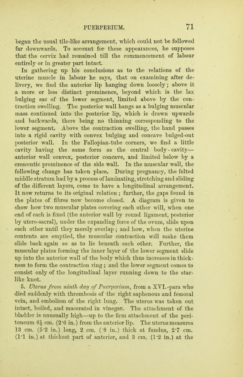 began the usual tile-like arrangement, which could not be followed far downwards. To account for these appearances, he supposes that the cervix had remained till the commencement of labour entirely or in greater part intact. In gathering up his conclusions as to the relations of the uterine muscle in labour he says, that on examining after de- livery, we find the anterior lip hanging down loosely; above it a more or less distinct prominence, beyond which is the lax bulging sac of the lower segment, limited above by the con- traction swelling. The posterior wall hangs as a bulging muscular mass continued into the posterior lip, which is drawn upwards and backwards, there being no thinning corresponding to the lower segment. Above the contraction swelling, the hand passes into a rigid cavity with convex bulging and concave bulged-out posterior wall. In the Fallopian-tube corners, we find a little cavity having the same form as the central body - cavity— anterior wall convex, posterior concave, and limited below by a crescentic prominence of the side wall. In the muscular wall, the following change has taken place. During pregnancy, the felted middle stratum had by a process of laminating, stretching and sliding of the different layers, come to have a longitudinal arrangement. It now returns to its original relation ; further, the gaps found in the plates of fibres now become closed. A diagram is given to show how two muscular plates covering each other will, when one end of each is fixed (the anterior wall by round ligament, posterior by utero-sacral), under the expanding force of the ovum, slide upon each other until they merely overlap ; and how, when the uterine contents are emptied, the muscular contraction will make them slide back again so as to lie beneath each other. Further, the muscular plates forming the inner layer of the lower segment slide up into the anterior wall of the body which thus increases in thick- ness to form the contraction ring ; and the lower segment comes to consist only of the longitudinal layer running down to the star- like knot. 5. Uterus from ninth day of Pueriierium, from a XVI.-para who died suddenly with thrombosis of the right saphenous and femoral vein, and embolism of the right lung. The uterus was taken out intact, boiled, and macerated in vinegar. The attachment of the bladder is unusually high—up to the firm attachment of the peri- toneum 6-^- cm. (2'6 in.) from the anterior lip. The uterus measures 13 cm. (5-2 in.) long, 2 cm. (-8 in.) thick at fundus, 2-7 cm. (1*1 in.) at thickest part of anterior, and 3 cm. (1*2 in.) at the