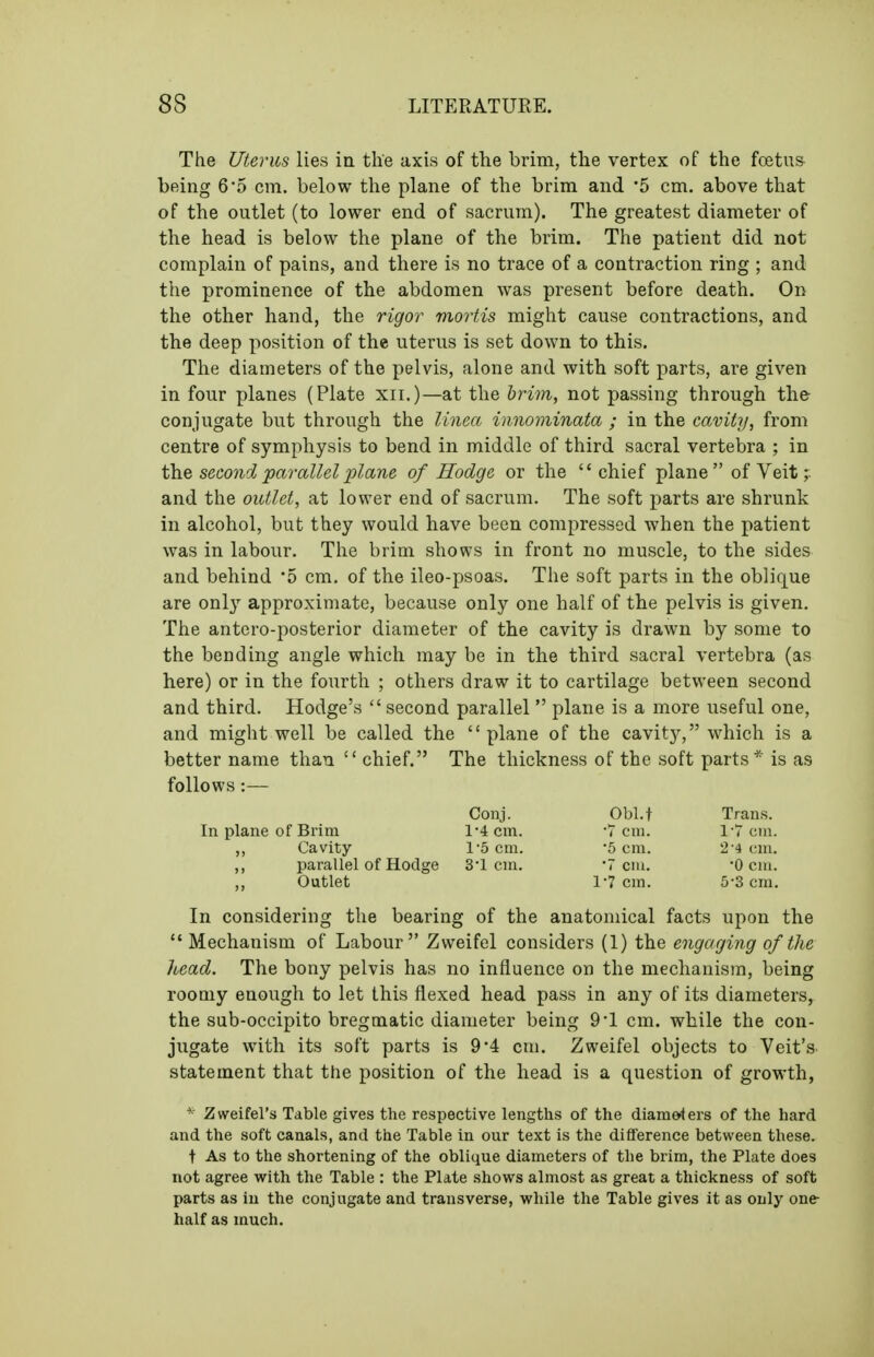 The Uterus lies in the axis of the brim, the vertex of the foetus being 6 5 cm. below the plane of the brim and '5 cm. above that of the outlet (to lower end of sacrum). The greatest diameter of the head is below the plane of the brim. The patient did not complain of pains, and there is no trace of a contraction ring ; and the prominence of the abdomen was present before death. On the other hand, the rigor mortis might cause contractions, and the deep position of the uterus is set down to this. The diameters of the pelvis, alone and with soft parts, are given in four planes (Plate xii.)—at the briin, not passing through the conjugate but through the Imea innominata ; in the cavity, from centre of symphysis to bend in middle of third sacral vertebra ; in t\iQ second parallel plane of Hodge or the chief plane  of Veit and the outlet, at lower end of sacrum. The soft parts are shrunk in alcohol, but they would have been compressed when the patient was in labour. The brim shows in front no muscle, to the sides and behind '5 cm. of the ileo-psoas. The soft parts in the oblique are only approximate, because only one half of the pelvis is given. The antero-posterior diameter of the cavity is drawn by some to the bending angle which may be in the third sacral vertebra (as here) or in the fourth ; others draw it to cartilage between second and third. Hodge's  second parallel  plane is a more useful one, and might well be called the  plane of the cavity, w^hich is a better name than  chief. The thickness of the soft parts * is as follows:— Conj. Obl.t Trans. In plane of Brim 1-4 cm. -7 cm. 1-7 cm. ,, Cavity 1'5 cm. '5 cm. 2*4 cm. ,, parallel of Hodge 3*1 cm. •? cm. '0 cm. Outlet 1-7 cm. 5-3 cm. In considering the bearing of the anatomical facts upon the  Mechanism of Labour Zweifel considers (1) the engaging of the head. The bony pelvis has no influence on the mechanism, being roomy enough to let this flexed head pass in any of its diameters, the sub-occipito bregtnatic diameter being 9*1 cm. while the con- jugate with its soft parts is 9*4 cm. Zweifel objects to Veit's statement that the position of the head is a question of growth, ^- Zweifel's Table gives the respective lengths of the diameters of the hard and the soft canals, and the Table in our text is the difiference between these. t As to the shortening of the oblique diameters of the brim, the Plate does not agree with the Table : the Plate shows almost as great a thickness of soft parts as iu the conjugate and transverse, while the Table gives it as only one half as much.