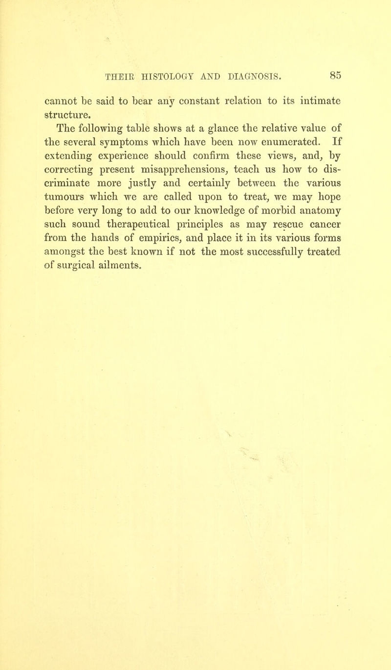 cannot be said to bear slrj constant relation to its intimate structure. The following table shows at a glance the relative value of the several symptoms which have been now enumerated. If extending experience should confirm these views,, and^ by- correcting present misapprehensions^ teach us how to dis- criminate more justly and certainly between the various tumours which we are called upon to treat, we may hope before very long to add to our knowledge of morbid anatomy such sound therapeutical principles as may rescue cancer from the hands of empirics, and place it in its various forms amongst the best known if not the most successfully treated of surgical ailments.