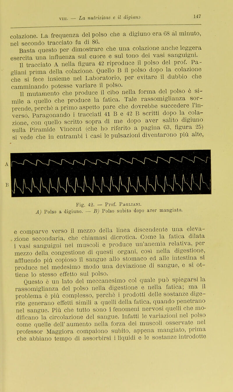 Vili. colazione. La frequenza del polso che a digiuno era 68 al minuto, nel secondo tracciato fu di 86. Basta questo per dimostrare che una colazione anche leggera esercita una influenza sul cuore e sul tono dei vasi sanguigni. Il tracciato A nella figura 42 riproduce il polso del prof. Pa- gliani prima della colazione. Quello B il polso dopo la colazione che si fece insieme nel Laboratorio, per evitare il dubbio che camminando potesse variare il polso. 11 mutamento che produce il cibo nella forma del polso è si- mile a quello che produce la fatica. Tale rassomiglianza sor- prende, perchè a primo aspetto pare che dovrebbe succedere l'in- verso. Paragonando i tracciati 41 B e 42 B scritti dopo la cola- zione, con quello scritto sopra di me dopo aver salito digiuno sulla'Piramide Vincent (che ho riferito a pagina 63, figura 25) si vede che in entrambi i casi le pulsazioni diventarono più alte, A Pig. 42. — Prof. Pagliani. A) Polso a digiuno. — B) Polso subito dopo aver mangiato. e comparve verso il mezzo della linea discendente una eleva- zione secondaria, che chiamasi dicrotica. Come la fatica dilata i vasi sanguigni nei muscoli e produce un'anemia relativa, per mezzo della congestione di questi organi, cosi nella digestione, affluendo più copioso il sangue allo stomaco ed alle intestina si produce nel medesimo modo una deviazione di sangue, e si ot- tiene lo stesso effetto sul polso. Questo è un lato del meccanesimo col quale può spiegarsi la rassomiglianza del polso nella digestione e nella fatica; ma il problema è più complesso, perchè i prodotti delle sostanze dige- rite generano effetti simili a quelli della fatica, quando penetrano nel sangue. Più che tutto sono i fenomeni nervosi quelli che mo- dificano la circolazione del sangue. Infatti le variazioni nel polso come quelle dell'aumento nella forza dei muscoli osservate nel professor Maggiora compaiono subito, appena mangiato, prima che abbiano tempo di assorbirsi i liquidi e le sostanze introdotte