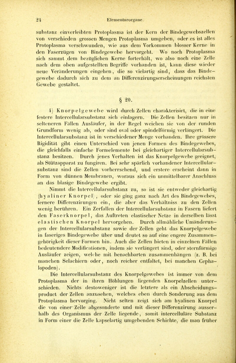 Substanz einverleibten Protoplasma ist der Kern der Bindegewebszellen von verschieden grossen Mengen Protoplasma umgeben, oder es ist alles Protoplasma verschwunden, wie aus dem Vorkommen blosser Kerne in den Faserzügen von Bindegewebe hervorgeht. Wo noch Protoplasma sich sammt dem bezüglichen Kerne forterhält, wo also noch eine Zelle nach dem oben aufgestellten Begriffe vorhanden ist, kann diese wieder neue Veränderungen eingehen, die so vielartig sind, dass das Binde- gewebe dadurch sich zu dem an Differenz! rungserscheinun gen reichsten Gewebe gestallet. § 20. 4) KnorpeIgewebe wird durch Zellen charakterisirt, die in eine festere InterceHularsubstanz sich einlagern. Die Zellen besitzen nur in selteneren Fällen Ausläufer, in der Hegel weichen sie von der runden Grundform wenig ab, oder sind oval oder spindelförmig verlängert. Die InterceHularsubstanz ist in verschiedener Menge vorhanden. Ihre grössere Rigidität gibt einen Unterschied von jenen Formen des Bindegewebes, die gleichfalls einfache Formelemente bei gleichartiger InterceHularsub- stanz besitzen. Durch jenes Verhalten ist das Knorpelgewebe geeignet, als Stützapparat zu fungiren. Bei sehr spärlich vorhandener InterceHular- substanz sind die Zellen vorherrschend, und erstere erscheint dann in Form von dünnen Membranen, woraus sich ein unmittelbarer Anschluss an das blasige Bindegewebe ergibt. Nimmt die InterceHularsubstanz zu, so ist sie entweder gleichartig (hyaliner Knorpel) , oder sie ging ganz nach Art des Bindegewebes, fernere Differenzirungen ein, die aber das Verhältniss zu den Zellen wenig berühren. Ein Zerfallen der InterceHularsubstanz in Fasern liefert den Faserknorpel, das Auftreten elastischer Netze in derselben lässt elastischen Knorpel hervorgehen. Durch allmähliche Umänderun- gen der InterceHularsubstanz sowie der Zellen geht das Knorpelgewebe in faseriges Bindegewebe über und deutet so auf eine engere Zusammen- gehörigkeit dieser Formen hin. Auch die Zellen bieten in einzelnen Fällen bedeutendere Modifikationen, indem sie verlängert sind, oder sternförmige Ausläufer zeigen, welche mit benachbarten zusammenhängen (z. B. bei manchen Selachiern oder, noch reicher entfaltet, bei manchen Cepha- lopoden). Die InterceHularsubstanz des Knorpelgewebes ist immer von dem Protoplasma der in ihren Höhlungen liegenden Knorpelzellen unter- schieden. Nichts destoweniger ist die letztere als ein Abscheidungs- produet der Zellen anzusehen, welches eben durch Sonderung aus dem Protoplasma hervorging. Nicht selten zeigt sich am hyalinen Knorpel die von einer'Zelle abgesonderte und mit dieser Difierenzirung ausser- halb des Organismus der Zelle liegende, somit intercelluläre Substanz in Form einer die Zelle kapselartig umgebenden Schichte, die man früher