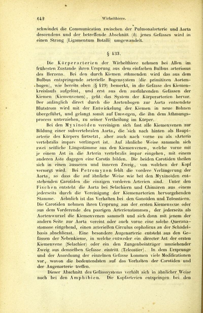 schwindet die Cornmunication zwischen der Pulmonalarterie und Aorta descendens und der betreffende Abschnitt (6) jenes Gelasses wird in einen Strang (Ligamentum Botalli) umgewandelt. § 433. Die Körperarterien der Wirbelthiere nehmen bei Allen im frühesten Zustande ihren Ursprung aus dem einfachen Bulbus arteriosus des Herzens. Bei den durch Kiemen at-hmenden wird das aus dem Bulbus entspringende arterielle Bogensyslem (die primitiven Aorten- bogen), wie bereits oben (§ 429) bemerkt, in die Gefässe des Kiemen- kreislaufs aufgelöst, und erst aus den ausführenden Gefassen der Kiemen (Kiemenvenen), geht das System der Körperarterien hervor. Der anfanglich direct durch die Aortenbogen zur Aorta entsendete Blutstrom wird mit der Entvvickelung der Kiemen in neue Bahnen übergeführt, und gelangt somit auf Umwegen, die ihn dem Athmungs- process unterziehen, zu seiner Vertheilung im Körper. Bei den Myxinoi'den vereinigen sich fast alle Kiemenvenen zur Bildung einer subvertebralen Aorta, die sich nach hinten als Haupt- arterie des Körpers fortsetzt, aber auch nach vorne zu als »Arteria vertebralis impar« verlängert ist. Auf ähnliche Weise sammeln sich zwei seitliche Längsstämme aus den Kiemenvenen, welche vorne mit je einem Ast in die Arteria vertebralis impar eingehen, mit einem anderen Aste dagegen eine Carotis bilden. Die beiden Carotiden theilen sich in einen äusseren und inneren Zweig, von welchen der Kopf versorgt wird. Bei Petromyzon fehlt die vordere Verlängerung der Aorta, so dass die auf ähnliche Weise wie ber den Myxinoiden ent- stehenden Carotiden die einzigen vorderen Arterien sind. Unter den Fischen entsteht die Aorta bei Selachiern und Chimären aus einem jederseits durch die Vereinigung der Kiemenarterien hervorgehenden Stamme. Aehnlich ist das Verhalten bei den Ganoiden und Teleostiern. Die Carotiden nehmen ihren Ursprung aus der ersten Kieinenvevie oder aus dem Vorderende des paarigen Arterienstammes, der jederseits als Aortenwurzel die Kiemenvenen sammelt und sich dann mit jenem der andern Seite zur Aorta vereint oder auch vorne eine solche Querana- stomose eingehend, einen arteriellen Circulus cephalicus an der Schädel- basis abschliesst. Eine besondere Augenarterie entsteht aus den Ge~ fässen der Nebenkieme, in welche entweder ein directer Ast der ersten Kiemenvene (Selachier) oder ein den Zungenbeinträger umziehender Zweig aus demselben Gefässe eintritt (Teleostier). In dem Ursprünge und der Anordnung der einzelnen Gefässe kommen viele Modificationen vor, wovon die bedeutendsten auf das Verhalten der Carotiden und der Augenarterie treffen. Dieser Abschnitt des Gefässsystems verhält sich in ähnlicher Weise noch bei den Amphibien. Die Kopfarterien entspringen bei den