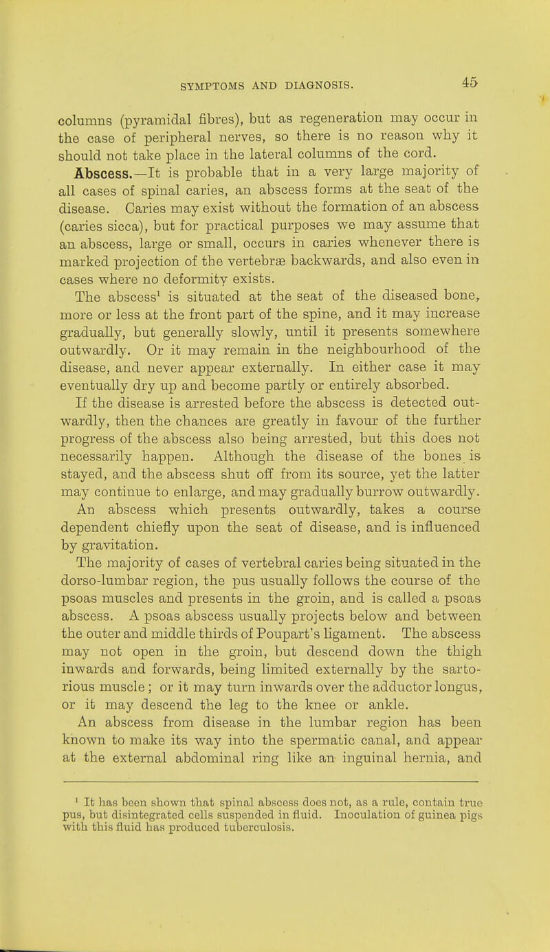 columns (pyramidal fibres), but as regeneration may occur in the case of peripheral nerves, so there is no reason why it should not take place in the lateral columns of the cord. Abscess.—It is probable that in a very large majority of all cases of spinal caries, an abscess forms at the seat of the disease. Caries may exist without the formation of an abscess (caries sicca), but for practical purposes we may assume that an abscess, large or small, occurs in caries whenever there is marked projection of the vertebrae backwards, and also even in cases where no deformity exists. The abscess^ is situated at the seat of the diseased bone, more or less at the front part of the spine, and it may increase gradually, but generally slowly, until it presents somewhere outwardly. Or it may remain in the neighbourhood of the disease, and never appear externally. In either case it may eventually dry up and become partly or entirely absorbed. If the disease is arrested before the abscess is detected out- wardly, then the chances are greatly in favour of the further progress of the abscess also being arrested, but this does not iLecessarily happen. Although the disease of the bones, is stayed, and the abscess shut off from its source, yet the latter may continue to enlarge, and may gradually burrow outwardly. An abscess which presents outwardly, takes a course dependent chiefly upon the seat of disease, and is influenced by gravitation. The majority of cases of vertebral caries being situated in the dorso-lumbar region, the pus usually follows the course of the psoas muscles and presents in the groin, and is called a psoas abscess. A psoas abscess usually projects below and between the outer and middle thirds of Poupart's ligament. The abscess may not open in the groin, but descend down the thigh inwards and forwards, being limited externally by the sarto- rious muscle ; or it may turn inwards over the adductor longus, or it may descend the leg to the knee or ankle. An abscess from disease in the lumbar region has been known to make its way into the spermatic canal, and appear at the external abdominal ring like an- inguinal hernia, and ' It has been shown that spinal abscess does not, as a rule, contain true pus, but disintegrated cells suspended in fluid. Inoculation of guinea pigs with this fluid has produced tuberculosis.
