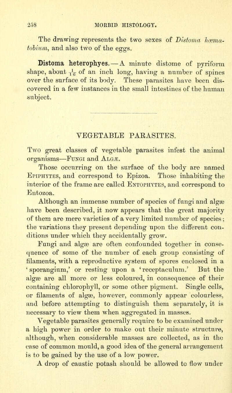 The drawing represents the two sexes of Distoma hcema- ' tohium, and also two of the eggs. Distoma heterophyes, — A minute distome of pyriform i shape, about y^g- of an inch long, having a number of spines over the surface of its body. These parasites have been dis- > covered in a few instances in the small intestines of the human subject. VEGETABLE PARASITES. I I Two great classes of vegetable parasites infest the animal i organisms—Fungi and Alg^. Those occurring on the surface of the body are named | Epiphytes, and correspond to Epizoa. Those inhabiting the I interior of the frame are called Entophytes, and correspond to Entozoa. Although an immense number of species of fungi and algse have been described, it now appears that the great majority of them are mere varieties of a very limited number of species; the variations they present depending upon the different con- ; ditions under which they accidentally grow. Fungi and alga3 are often confounded together in conse- quence of some of the number of each group consisting of filaments, with a reproductive system of spores enclosed in a ^sporangium,' or resting upon a 'receptaculum.' But the ; algae are all more or less coloured, in consequence of their ; containing chlorophyll, or some other pigment. Single cells, ; or filaments of algse, however, commonly appear colourless, and before attempting to distinguish them separately, it is necessary to view them when aggregated in masses. Vegetable parasites generally require to be examined under a high power in order to make out their minute structure, although, when considerable masses are collected, as in the \ case of common mould, a good idea of the general arrangement is to be gained by the use of a low power. i A drop of caustic potash should be allowed to flow under