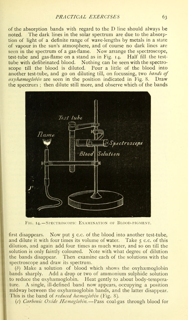 of the absorption bands with regard to the D line should always be noted. The dark lines in the solar spectrum are due to the absorp- tion of light of a definite range of wave-lengths by metals in a state of vapour in the sun's atmosphere, and of course no dark lines are seen in the spectrum of a gas-flame. Now arrange the spectroscope, test-tube and gas-flame on a stand as in Fig. 14. Half fill the test- tube with defibrinated blood. Nothing can be seen with the spectro- scope till the blood is diluted. Pour a little of the blood into another test-tube, and go on diluting till, on focussing, two bands of oxyh(E7noglobin are seen in the position indicated in Fig. 8. Draw the spectrum ; then dilute still more, and observe which of the bands Fk-.. 14. —Spectroscopic Examination of Blood-pigment. first disappears. Now put 5 c.c. of the blood into another test-tube, and dilute it with four times its volume of water. Take 5 c.c. of this dilution, and again add four times as much water, and so on till the solution is only faintly coloured. Note with what degree of dilution the bands disappear. Then examine each of the solutions with the spectroscope and draw its spectrum. {b) Make a solution of blood which shows the oxyhaemoglobin bands sharply. Add a drop or two of ammonium sulphide solution to reduce the oxyhsemoglobin. Heat gently to about body-tempera- ture. A single, ill-defined band now appears, occupying a position midway between the oxyhaemoglobin bands, and the latter disappear. This is the band of i-educed hccnioglobin (Fig. 8). {c) Carbonic Oxide Hcemoglobin.—Pass coal-gas through blood for