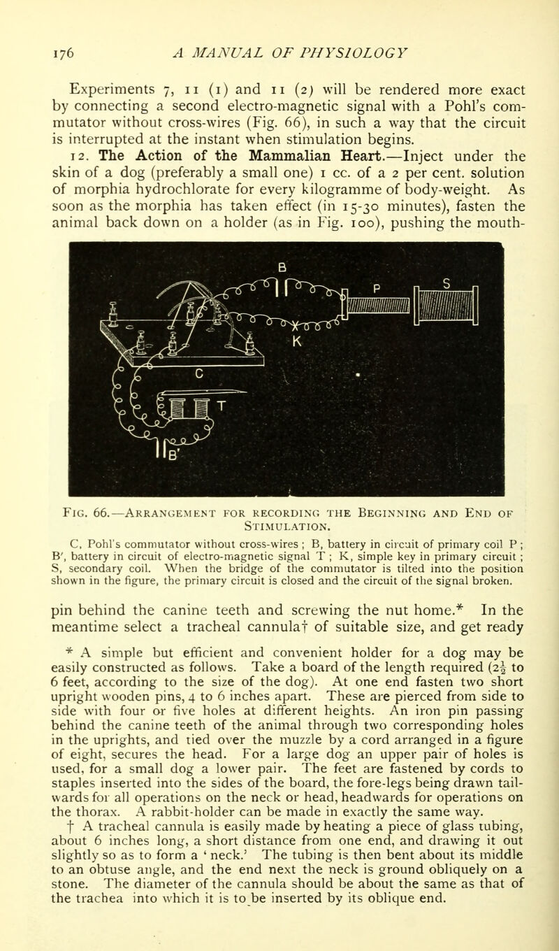 Experiments 7, 11 (i) and 11 (2) will be rendered more exact by connecting a second electro-magnetic signal with a Pohl's com- mutator without cross-wires (Fig. 66), in such a way that the circuit is interrupted at the instant when stimulation begins. 12. The Action of the Mammalian Heart.—Inject under the skin of a dog (preferably a small one) i cc. of a 2 per cent, solution of morphia hydrochlorate for every kilogramme of body-weight. As soon as the morphia has taken effect (in 15-30 minutes), fasten the animal back down on a holder (as in Fig. 100), pushing the mouth- FiG. 66.—Arrangement for recording the Beginning and End of Stimulation. C. Pohl's commutator without cross-wires ; B, battery in circuit of primary coil P ; B', battery in circuit of electro-magnetic signal T ; K, simple key in primary circuit ; S, secondary coil. When the bridge of the commutator is tilted into the position shown in the figure, the primary circuit is closed and the circuit of the signal broken. pin behind the canine teeth and screwing the nut home.* In the meantime select a tracheal cannulat of suitable size, and get ready * A simple but efficient and convenient holder for a dog may be easily constructed as follows. Take a board of the length required (2^ to 6 feet, according to the size of the dog). At one end fasten two short upright wooden pins, 4 to 6 inches apart. These are pierced from side to side with four or five holes at different heights. An iron pin passing behind the canine teeth of the animal through two corresponding holes in the uprights, and tied over the muzzle by a cord arranged in a figure of eight, secures the head. For a large dog an upper pair of holes is used, for a small dog a lower pair. The feet are fastened by cords to staples inserted into the sides of the board, the fore-legs being drawn tail- wards for all operations on the neck or head, headvvards for operations on the thorax. A rabbit-holder can be made in exactly the same way. t A tracheal cannula is easily made by heating a piece of glass tubing, about 6 inches long, a short distance from one end, and drawing it out slightly so as to form a ' neck.' The tubing is then bent about its middle to an obtuse angle, and the end next the neck is ground obliquely on a stone. The diameter of the cannula should be about the same as that of the trachea into which it is to be inserted by its oblique end.