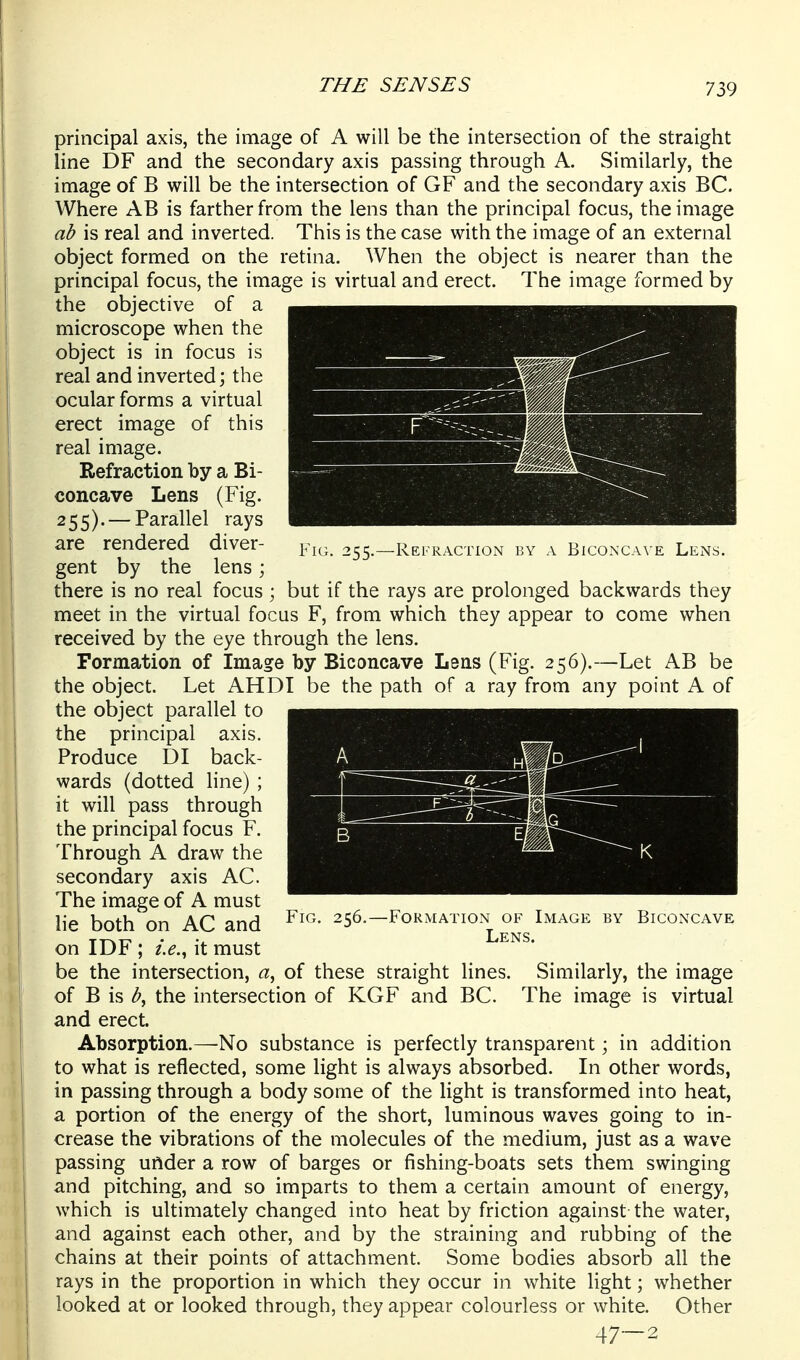 principal axis, the image of A will be the intersection of the straight line DF and the secondary axis passing through A. Similarly, the image of B will be the intersection of GF and the secondary axis BC. Where AB is farther from the lens than the principal focus, the image ab is real and inverted. This is the case with the image of an external object formed on the retina. When the object is nearer than the principal focus, the image is virtual and erect. The image formed by the objective of a microscope when the object is in focus is real and inverted; the ocular forms a virtual erect image of this real image. Refraction by a Bi- concave Lens (Fig. 255). — Parallel rays are rendered diver- ^.j^.^ 255.-REFRACT10N by a Biconcave Lens. gent by the lens; there is no real focus ; but if the rays are prolonged backwards they meet in the virtual focus F, from which they appear to come when received by the eye through the lens. Formation of Image by Biconcave Lens (Fig. 256).—Let AB be the object. Let AHDI be the path of a ray from any point A of the object parallel to the principal axis. Produce DI back- wards (dotted line) ; it will pass through the principal focus F. Through A draw the secondary axis AC. The image of A must lie both on AC and —Formation of Image by Biconcave TTATT • 4. Lens. on IDJh ; t.e.^ it must be the intersection, a, of these straight lines. Similarly, the image of B is the intersection of KGF and BC. The image is virtual and erect. Absorption.—-No substance is perfectly transparent; in addition to what is reflected, some light is always absorbed. In other words, in passing through a body some of the light is transformed into heat, a portion of the energy of the short, luminous waves going to in- crease the vibrations of the molecules of the medium, just as a wave passing uAder a row of barges or fishing-boats sets them swinging and pitching, and so imparts to them a certain amount of energy, which is ultimately changed into heat by friction against the water, and against each other, and by the straining and rubbing of the chains at their points of attachment. Some bodies absorb all the rays in the proportion in which they occur in white light; whether looked at or looked through, they appear colourless or white. Other 47—2