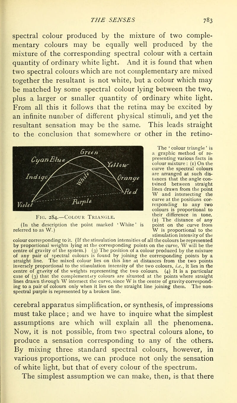 spectral colour produced by the mixture of two comple- mentary colours may be equally well produced by the mixture of the corresponding spectral colour with a certain be matched by some spectral colour lying between the two, plus a larger or smaller quantity of ordinary white light. From all this it follows that the retina may be excited by an infinite number of different physical stimuli, and yet the resultant sensation may be the same. This leads straight to the conclusion that somewhere or other in the retino- (In the description the point marked 'White' is point on the curve from colour corresponding to it. (If the stinmlation intensities of all the colours be represented by proportional weights lying at the corresponding points on the curve, W will be the centre of gravity of the system.) (3) The position of a colour produced by the mixture of any pair of spectral colours is found by joining the corresponding points by a straight line. The mixed colour lies on this line at distances from the two points inversely proportional to the stimulation intensity of the two colours, i.e., it lies in the centre of gravity of the weights representing the two colours. (4) It is a particular case of (3) that the complementary colours are situated at the points where straight lines drawn through W intersect the curve, since W is the centre of gravity correspond- ing to a pair of colours only when it lies on the straight line joining them. The non- spectral purple is represented by a broken line. cerebral apparatus simplification, or synthesis, of impressions must take place; and we have to inquire what the simplest assumptions are which will explain all the phenomena. Now, it is not possible, from two spectral colours alone, to produce a sensation corresponding to any of the others. By mixing three standard spectral colours, however, in various proportions, we can produce not only the sensation of white light, but that of every colour of the spectrum. The simplest assumption we can make, then, is that there The ' colour triangle ' is a graphic method of re- presenting various facts in colour mixture : (i) On the curve the spectral colours are arranged at such dis- tances that the angle con- t=iined between straight lines drawn from the point W and intersecting the curve at the positions cor- responding to any two colours is proportional to their difference in tone. (2) The distance of any Fig. 284.—Colour Triangle. referred to as V^.) W is proportional to the stimulation intensity of the