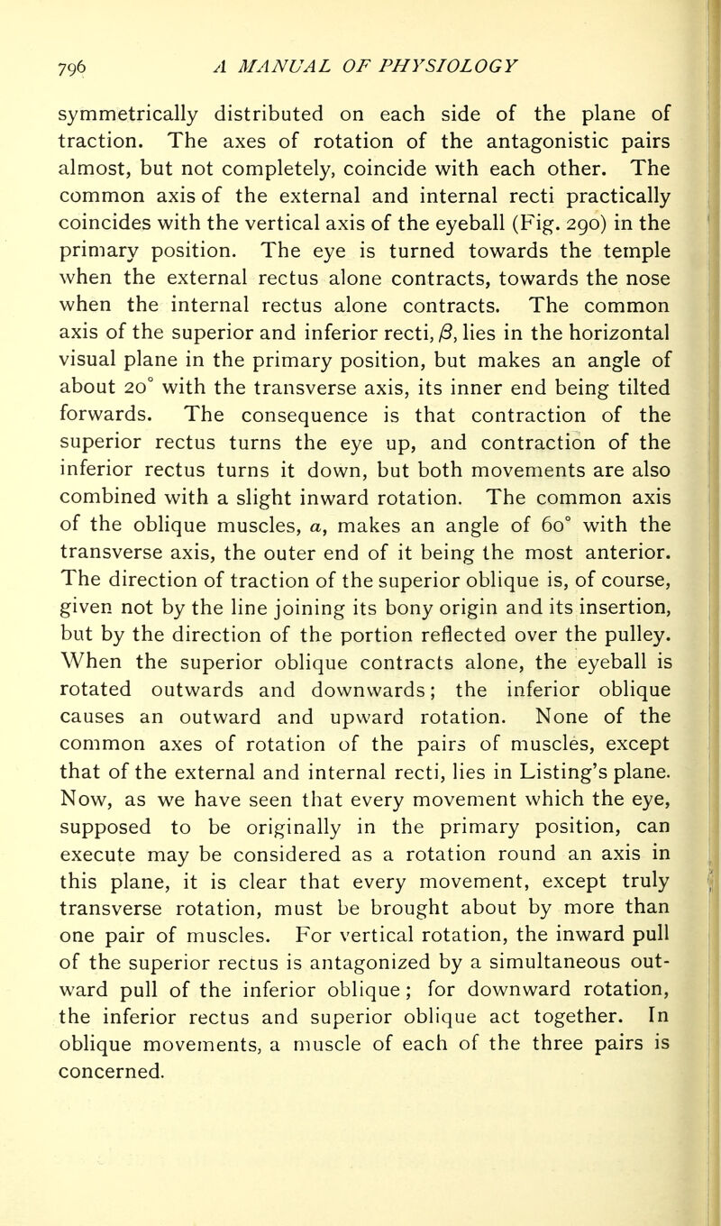 symmetrically distributed on each side of the plane of traction. The axes of rotation of the antagonistic pairs almost, but not completely, coincide with each other. The common axis of the external and internal recti practically coincides with the vertical axis of the eyeball (Fig. 290) in the primary position. The eye is turned towards the temple when the external rectus alone contracts, towards the nose when the internal rectus alone contracts. The common axis of the superior and inferior recti,/3, lies in the horizontal visual plane in the primary position, but makes an angle of about 20° with the transverse axis, its inner end being tilted forwards. The consequence is that contraction of the superior rectus turns the eye up, and contraction of the inferior rectus turns it down, but both movements are also combined with a slight inward rotation. The common axis of the oblique muscles, a, makes an angle of 60° with the transverse axis, the outer end of it being the most anterior. The direction of traction of the superior oblique is, of course, given not by the line joining its bony origin and its insertion, but by the direction of the portion reflected over the pulley. When the superior oblique contracts alone, the eyeball is rotated outwards and downwards; the inferior oblique causes an outward and upward rotation. None of the common axes of rotation of the pairs of muscles, except that of the external and internal recti, lies in Listing's plane. Now, as we have seen that every movement which the eye, supposed to be originally in the primary position, can execute may be considered as a rotation round an axis in this plane, it is clear that every movement, except truly transverse rotation, must be brought about by more than one pair of muscles. For vertical rotation, the inward pull of the superior rectus is antagonized by a simultaneous out- ward pull of the inferior oblique ; for downward rotation, the inferior rectus and superior oblique act together. In oblique movements, a muscle of each of the three pairs is concerned.