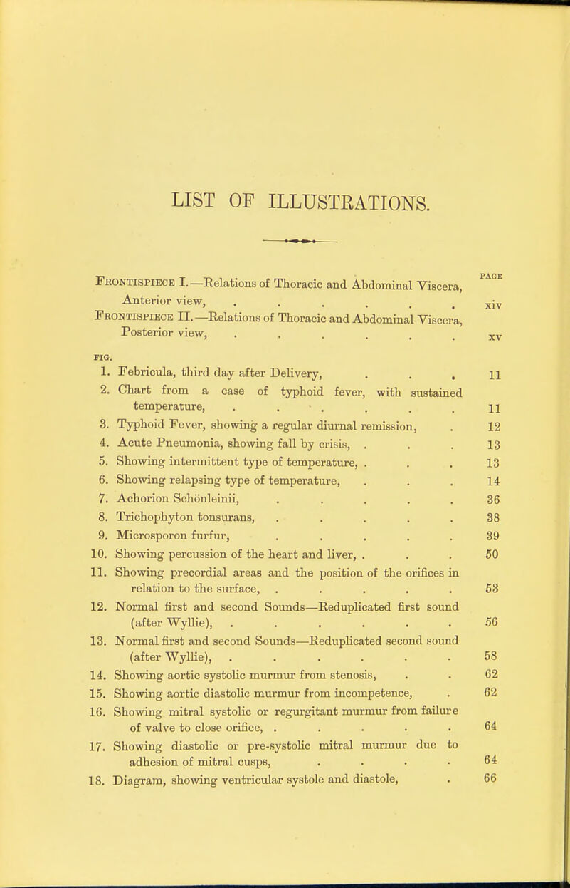 LIST OF ILLUSTRATIONS. Frontispiece I.—Eelations of Thoracic and Abdominal Viscera, PAGE Anterior view, .... xjv Frontispiece II.—Relations of Thoracic and Abdominal Viscera, Posterior view, ..... Xv FIG. 1. Febricula, third day after Delivery, . . , n 2. Chart from a case of typhoid fever, with sustained temperature, . ■ . . . . n 3. Typhoid Fever, showing a regular diurnal remission, . 12 4. Acute Pneumonia, showing fall by crisis, . . . 13 5. Showing intermittent type of temperature, . . . 13 6. Showing relapsing type of temperature, . . . 14 7. Achorion Schoenleinii, . .... 36 8. Trichophyton tonsurans, . • . . . .38 9. Microsporon furfur, ..... 39 10. Showing percussion of the heart and liver, ... 50 11. Showing precordial areas and the position of the orifices in relation to the surface, . . . . .53 12. Normal first and second Sounds—Eeduplicated first sound (after Wyllie), ...... 56 13. Normal first and second Sounds—Eeduplicated second sound (after Wyllie), ...... 58 14. Showing aortic systolic murmur from stenosis, . . 62 15. Showing aortic diastolic murmur from incompetence, . 62 16. Showing mitral systolic or regurgitant murmur from failure of valve to close orifice, ..... 64 17. Showing diastolic or pre-systolic mitral murmur due to adhesion of mitral cusps, . . . .64 18. Diagram, showing ventricular systole and diastole, . 66