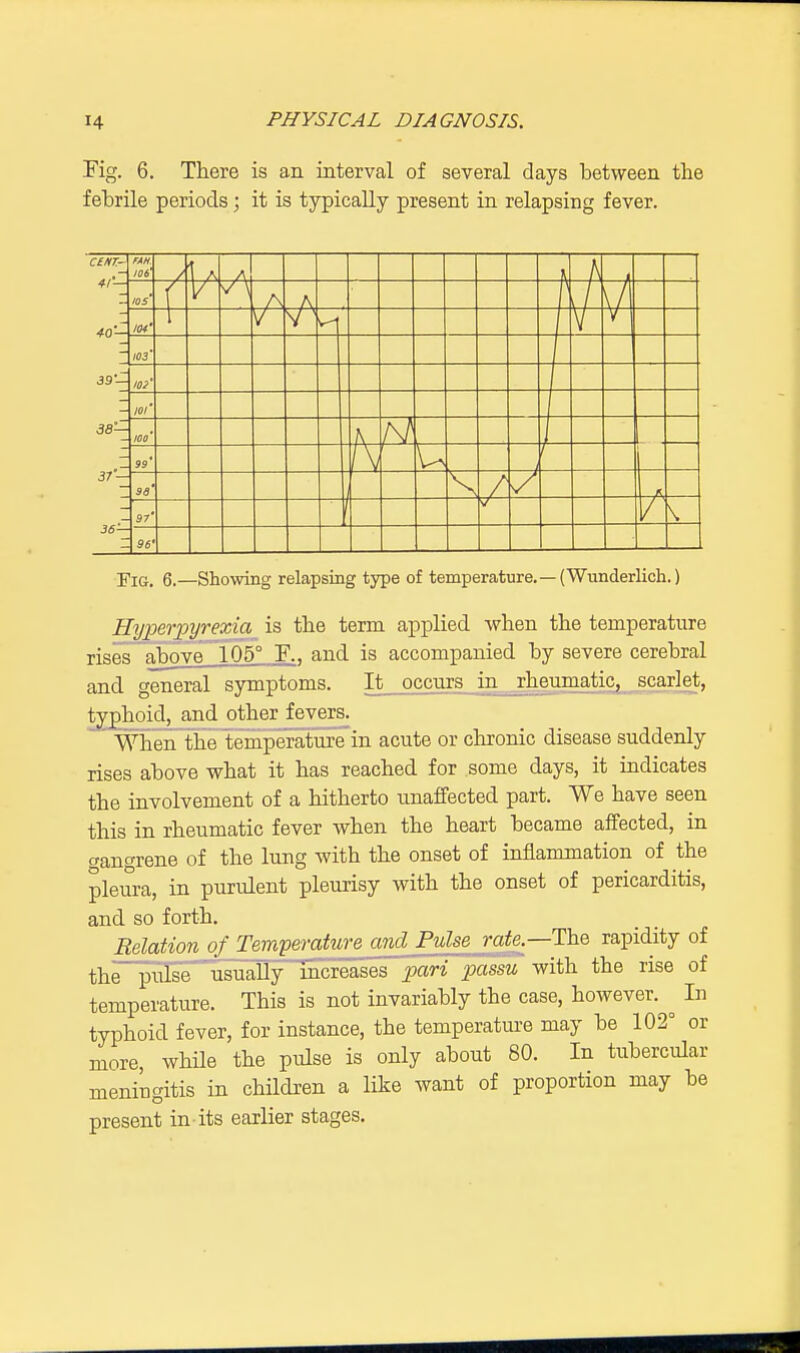 Fig 6. There is an interval of several clays between the febrile periods; it is typically present in relapsing fever. am- 41— 40 — : ■' T A A \7l 104' -T v~ 103' 39 — mi' J 38— 37 — 36— 10!' too* ^ se' in' t 96 Fig 6.—Showing relapsing type of temperature.— (Wunderlich.) Hyperpyrexia is the term applied when the temperature rises above 105° F,, and is accompanied by severe cerebral and general symptoms. It occurs in rheumatic, scarlet, typhoid, and other fevers. When the temperature in acute or chronic disease suddenly rises above what it has reached for some days, it indicates the involvement of a hitherto unaffected part. We have seen this in rheumatic fever when the heart became affected, in o-angrene of the lung with the onset of inflammation of the pleura, in purulent pleurisy with the onset of pericarditis, and so forth. Relation of Temperature and Pulse rate —The rapidity of the~pulse usually increases pari passu with the rise of temperature. This is not invariably the case, however. ^ In typhoid fever, for instance, the temperature may be 102° or more, while the pulse is only about 80. In tubercular meningitis in children a like want of proportion may be present in its earlier stages.