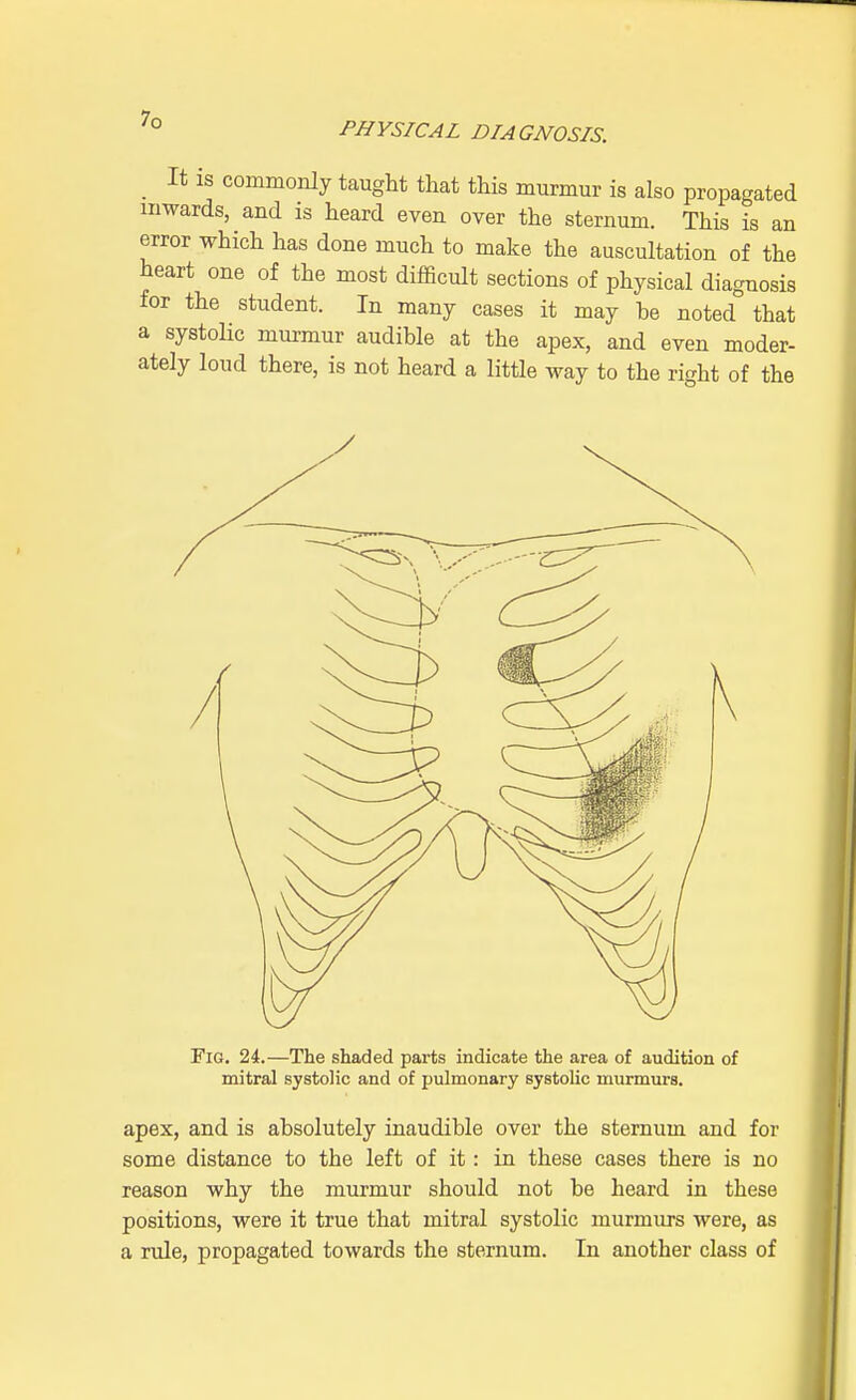 PHYSICAL DIAGNOSIS. It is commonly taught that this murmur is also propagated inwards, and is heard even over the sternum. This is an error which has done much to make the auscultation of the heart one of the most difficult sections of physical diagnosis for the student. In many cases it may he noted that a systolic murmur audible at the apex, and even moder- ately loud there, is not heard a little way to the right of the Fig. 24.—The shaded parts indicate the area of audition of mitral systolic and of pulmonary systolic murmurs. apex, and is absolutely inaudible over the sternum and for some distance to the left of it: in these cases there is no reason why the murmur should not be heard in these positions, were it true that mitral systolic murmurs were, as a rule, propagated towards the sternum. In another class of