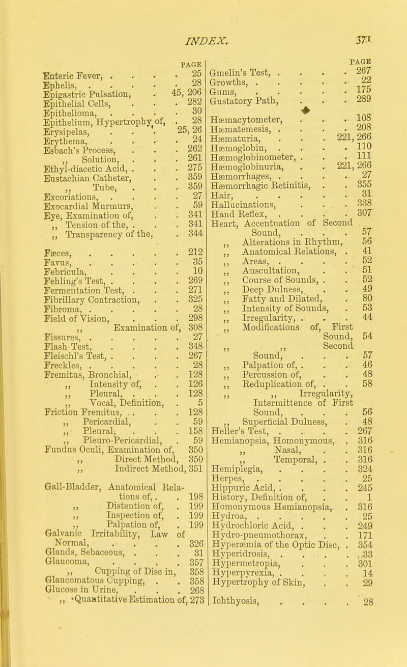 PAGE 25 28 45, 206 282 30 28 25, 26 24 262 261 275 359 359 27 59 341 341 344 Enteric Fever, . Ephelis, .... Epigastric Pulsation, Epithelial Cells, Epithelioma, Epithelium, Hypertrophy of, Erysipelas, Erythema, Esbach's Process, ,, Solution, Ethyl-diacetic Acid, . Eustachian Catheter, Tube, . . Excoriations, Exocarclial Murmurs, Eye, Examination of, ,, Tension of the, . „ Transparency of the, Faeces, . . • . 212 Favus, 35 Febricula, .... 10 Fehliug's Test, . . . .269 Fermentation Test, . . . 271 Fibrillary Contraction, . . 325 Fibroma, 28 Field of Vision, . . .298 ,, Examination of, 308 Fissures, 27 Flash Test 348 Fleischl's Test, . . . .267 Freckles, 28 Fremitus, Bronchial, .- . 128 ,, Intensity of, . . 126 „ Pleural, . . .128 ,, Vocal, Definition, . 5 Friction Fremitus, .. . . 128 ,, Pericardial, . . 59 „ Pleural; . . .158 ,, Pleuro-Pericardial, . 59 Fundus Oculi, Examination of, 350 ,, Direct Method, 350 „ Indirect Method, 351 Gall-Bladder, Anatomical Rela- tions of,. . 198 ,, Distention of, . 199 ,, Inspection of, . 199 ,, Palpation of, . 199 Galvanic Irritability, Law of Normal, . . . 326 Glands, Sebaceous, ... 31 Glaucoma, .... 357 ,, Cupping of Disc in, 358 Glaucomatous Cupping, . . 358 Glucose in Urine, . . . 268 ,, • Qualitative Estimation of, 273 Gmelin's Test, . Growths, . Gums, Gustatory Path, PAGE 267 22 175 289 221, 108 208 266 110 . Ill 221, 266 . 27 Hemacytometer, Hematemesis, . Hematuria, Hemoglobin, . Hemoglobinometer, . Hemoglobinuria, Hemorrhages, . Hemorrhagic Betinitis, . . 355 Hair, 31 Hallucinations, . ... 338 HandBefiex, . . . .307 Heart, Accentuation of Second Sound, ... 57 ,, Alterations in Rhythm, 56 ,, Anatomical Relations, . 41 ,, Areas, . . . . 52 ,, Auscultation, . . 51 ,, Course of Sounds, . . 52 ,, Deep Dulness, . . 49 ,, Fatty and Dilated, . 80 ,, Intensity of Sounds, . 53 ,, Irregularity, ... 44 ,, Modifications of, First Sound, 54 ,, ,, Second Sound, ... 57 ,, Palpation of, . . . 46 ,, Percussion of, . . 48 ,, Reduplication of, . . 58 „ „ Irregularity, Intermittence of First Sound, ... 56 ,, Superficial Dulness, . 48 Heller's Test, . . . .267 Hemianopsia, Homonymous, . 316 „ Nasal, . . 316 ,, Temporal, . . 316 Hemiplegia, .... 324 Herpes, 25 Hippuric Acid, .... 245 History, Definition of, . 1 Homonymous Hemianopsia, . 316 Hydroa, 25 Hydrochloric Acid, . . . 249 Hydro-pneumothorax, . . 171 Hyperemia of the Optic Disc, . 354 Hyperidrosis, . . . ,33 Hypermetropia, . . . 301 Hyperpyrexia, .... 14 Hypertrophy of Skin, . . 29 Ichthyosis, .. . . . 28