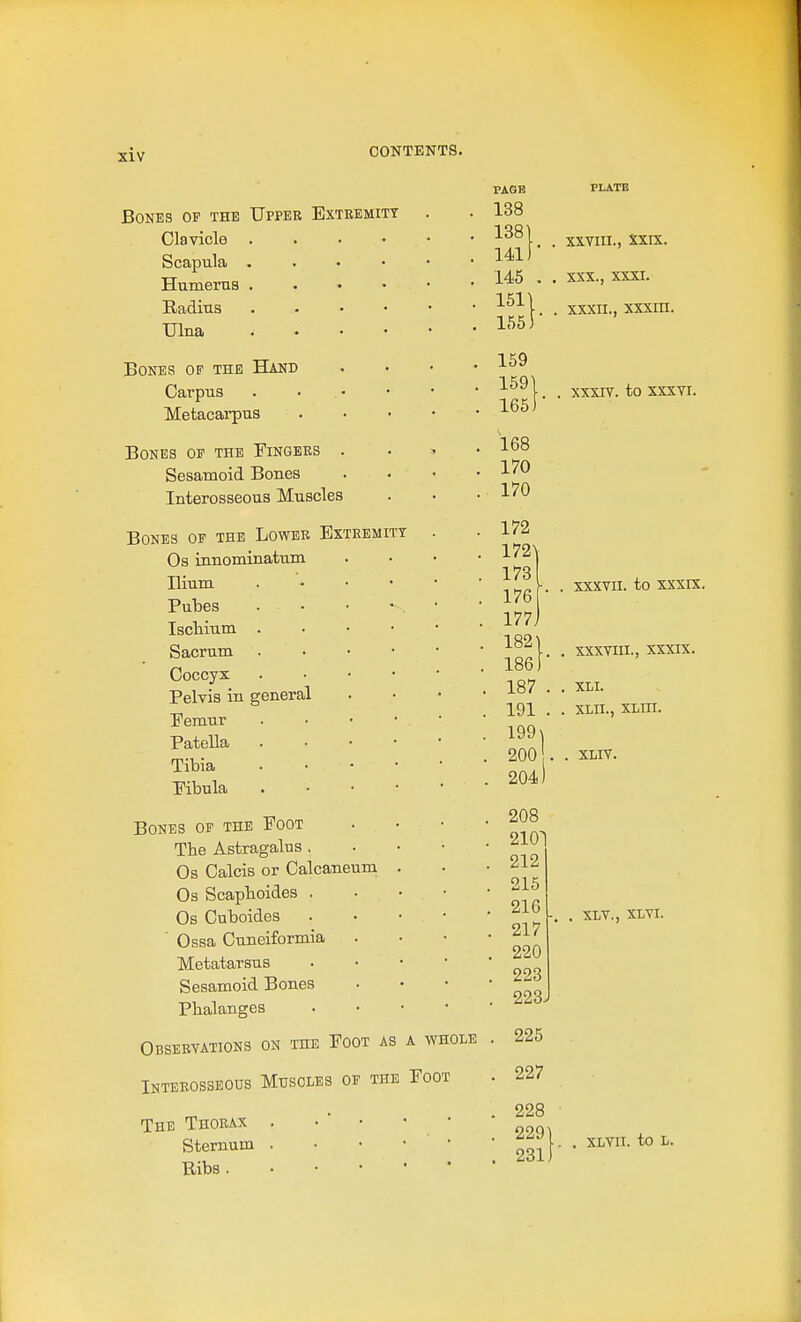 Bones op the Upper Extremity Clavicle Scapula Humerus Radius Ulna Bones of the Hand Carpus Metacai'pus Bones oe the Fingers Sesamoid Bones Interosseous Muscles Bones of the Lower Extremity Os ianominatum Ilium Pubes Ischium Sacrum Coccyx Pelvis in general Femur Patella Tibia Fibula Bones op the Foot The Astragalus . Os Calcis or Calcaneum Os Scapboides . Os Cuboides  Ossa Cuneiformia Metatarsus Sesamoid Bones Phalanges Observations on the Foot as a whole Interosseous Muscles of the Foot The Thorax . • ' • • • Sternum . • • • • Bibs PAQB 138 1381 141) 145 . 1511 155) 159 1591 165)' 168 170 170 172 172^ 173 176 177J 1821 186 f 187 191 199 \ 200 204) 208 2101 212 215 216 217 220 223 223J 225 227 228 229 231 xxvin., XXIX. XXX., XXXI. xxxii., xxxin. , xxxrv. to XXXVI. XXXVII. to XXXIX. XXXVIII., XXXIX. XLI. XLII., XLIII. XLIV. XLV., XLVI. XLVII. to L.