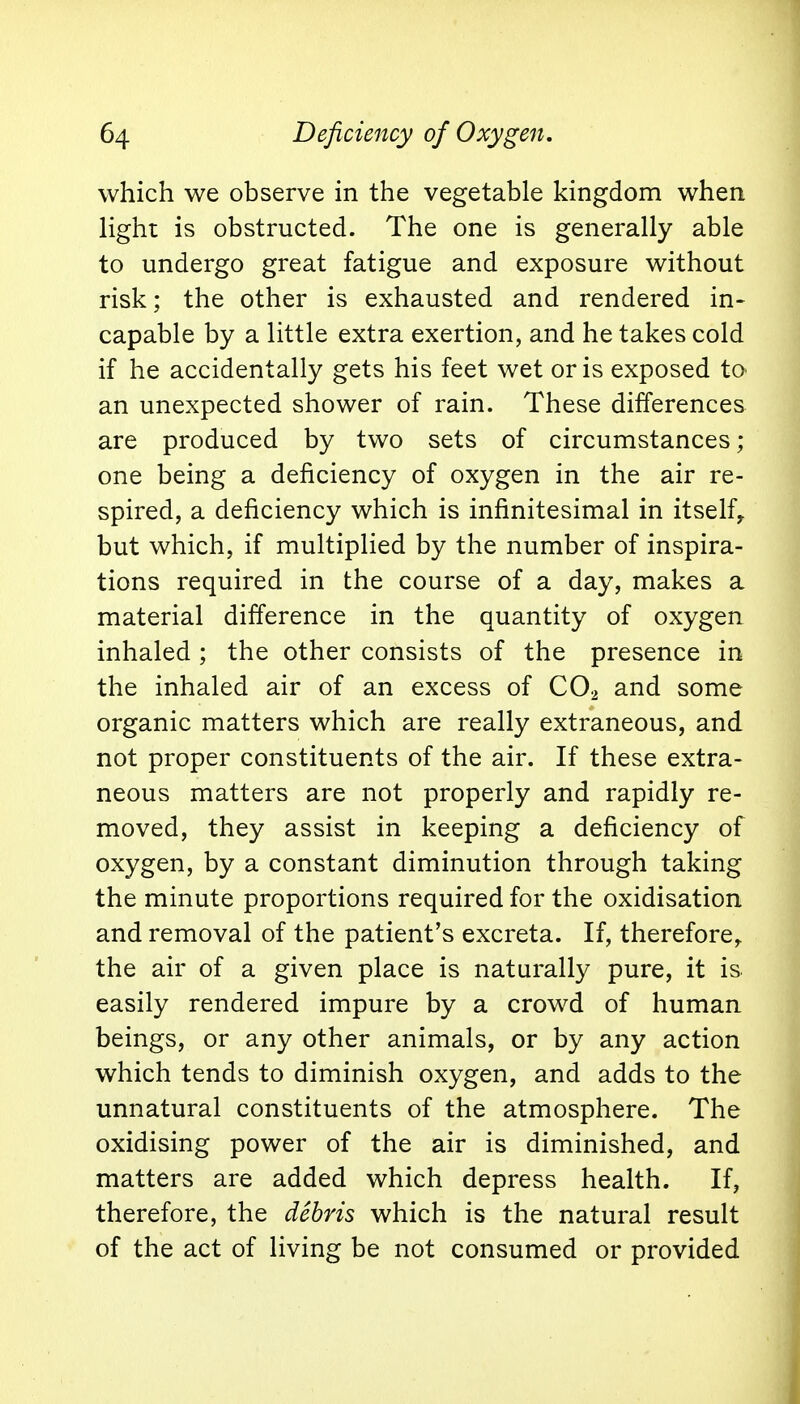 which we observe in the vegetable kingdom when light is obstructed. The one is generally able to undergo great fatigue and exposure without risk; the other is exhausted and rendered in- capable by a little extra exertion, and he takes cold if he accidentally gets his feet wet oris exposed to an unexpected shower of rain. These differences are produced by two sets of circumstances; one being a deficiency of oxygen in the air re- spired, a deficiency which is infinitesimal in itself, but which, if multiplied by the number of inspira- tions required in the course of a day, makes a material difference in the quantity of oxygen inhaled ; the other consists of the presence in the inhaled air of an excess of C02 and some organic matters which are really extraneous, and not proper constituents of the air. If these extra- neous matters are not properly and rapidly re- moved, they assist in keeping a deficiency of oxygen, by a constant diminution through taking the minute proportions required for the oxidisation and removal of the patient's excreta. If, therefore, the air of a given place is naturally pure, it is easily rendered impure by a crowd of human beings, or any other animals, or by any action which tends to diminish oxygen, and adds to the unnatural constituents of the atmosphere. The oxidising power of the air is diminished, and matters are added which depress health. If, therefore, the debris which is the natural result of the act of living be not consumed or provided