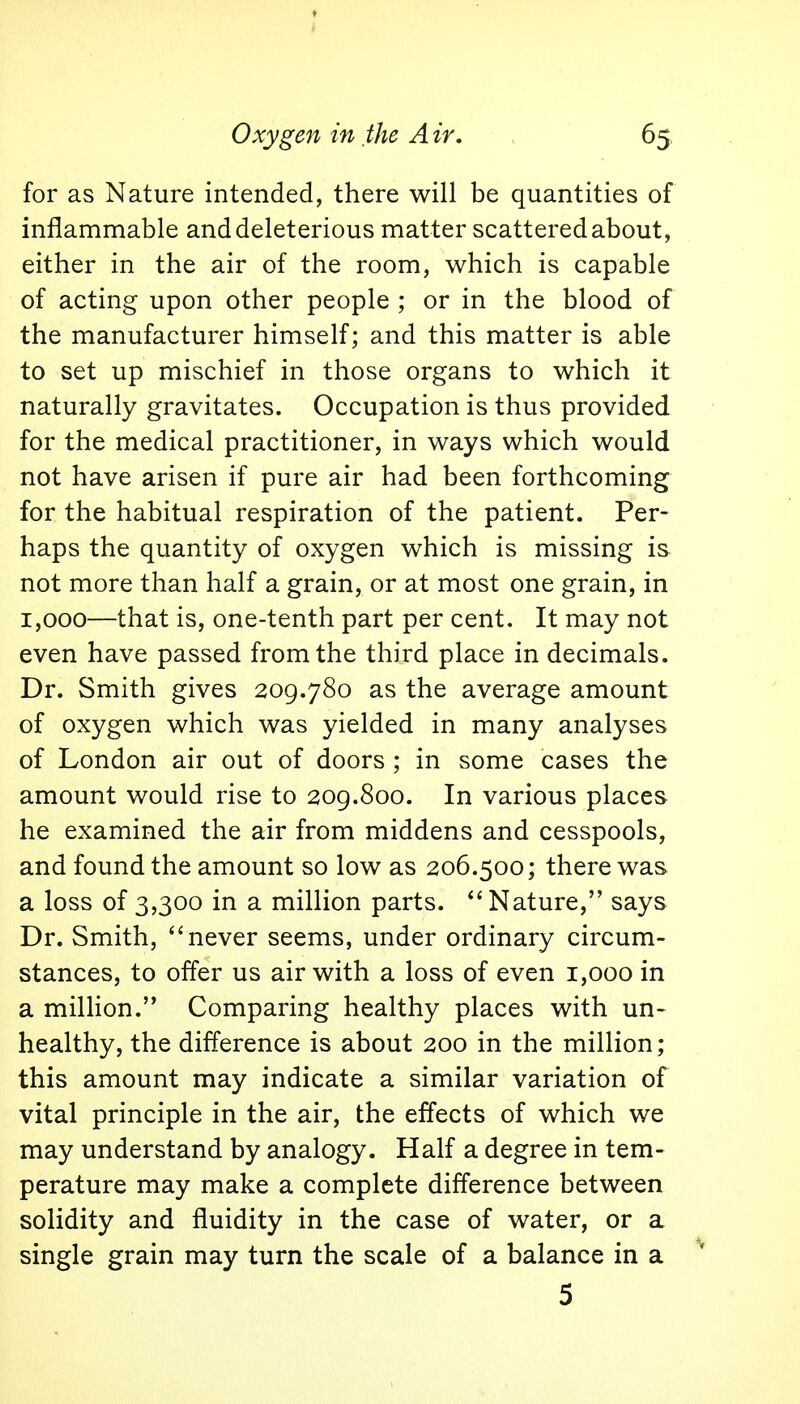 for as Nature intended, there will be quantities of inflammable and deleterious matter scattered about, either in the air of the room, which is capable of acting upon other people ; or in the blood of the manufacturer himself; and this matter is able to set up mischief in those organs to which it naturally gravitates. Occupation is thus provided for the medical practitioner, in ways which would not have arisen if pure air had been forthcoming for the habitual respiration of the patient. Per- haps the quantity of oxygen which is missing is not more than half a grain, or at most one grain, in 1,000—that is, one-tenth part per cent. It may not even have passed from the third place in decimals. Dr. Smith gives 209.780 as the average amount of oxygen which was yielded in many analyses of London air out of doors ; in some cases the amount would rise to 209.800. In various places he examined the air from middens and cesspools, and found the amount so low as 206.500; there was a loss of 3,300 in a million parts. Nature, says Dr. Smith,  never seems, under ordinary circum- stances, to offer us air with a loss of even 1,000 in a million. Comparing healthy places with un- healthy, the difference is about 200 in the million; this amount may indicate a similar variation of vital principle in the air, the effects of which we may understand by analogy. Half a degree in tem- perature may make a complete difference between solidity and fluidity in the case of water, or a single grain may turn the scale of a balance in a 5