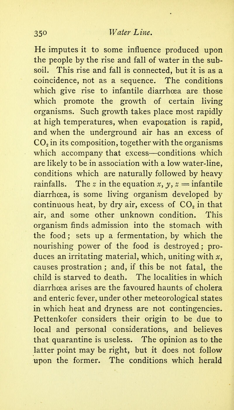 He imputes it to some influence produced upon the people by the rise and fall of water in the sub- soil. This rise and fall is connected, but it is as a coincidence, not as a sequence. The conditions which give rise to infantile diarrhoea are those which promote the growth of certain living organisms. Such growth takes place most rapidly at high temperatures, when evaporation is rapid, and when the underground air has an excess of C02 in its composition, together with the organisms which accompany that excess—conditions which are likely to be in association with a low water-line, conditions which are naturally followed by heavy rainfalls. The z in the equation x, y, z === infantile diarrhoea, is some living organism developed by continuous heat, by dry air, excess of C02 in that air, and some other unknown condition. This organism finds admission into the stomach with the food; sets up a fermentation, by which the nourishing power of the food is destroyed; pro- duces an irritating material, which, uniting with x, causes prostration ; and, if this be not fatal, the child is starved to death. The localities in which diarrhoea arises are the favoured haunts of cholera and enteric fever, under other meteorological states in which heat and dryness are not contingencies. Pettenkofer considers their origin to be due to local and personal considerations, and believes that quarantine is useless. The opinion as to the latter point may be right, but it does not follow upon the former. The conditions which herald