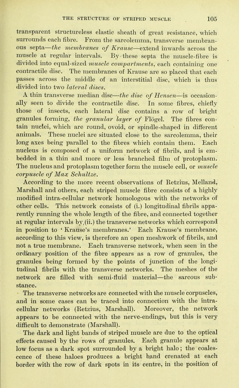transparent structureless elastic sheath of great resistance, which surrounds each fibre. From the sarcolemma, transverse membran- ous septa—the membranes of Krause—extend inwards across the muscle at regular intervals. By these septa the muscle-fibre is divided into equal-sized muscle compartments, each containing one contractile disc. The membranes of Krause are so placed that each passes across the middle of an interstitial disc, which is thus divided into two lateral discs. A thin transverse median disc—the disc of Hensen—is occasion- ally seen to divide the contractile disc. In some fibres, chiefly those of insects, each lateral disc contains a row of bright granules forming, the granular layer of Flogel. The fibres con- tain nuclei, which are round, ovoid, or spindle-shaped in different animals. These nuclei are situated close to the sarcolemma, their long axes being parallel to the fibres which contain them. Each nucleus is composed of a uniform network of fibrils, and is em- bedded in a thin and more or less branched film of protoplasm. The nucleus and protoplasm together form the muscle cell, or muscle corpuscle of Max SchuUze. According to the more recent observations of Ketzius, Melland, Marshall and others, each striped muscle fibre consists of a highly modified intra-cellular network homologous with the networks of other cells. This network consists of (i.) longitudinal fibrils appa- rently running the whole length of the fibre, and connected together at regular intervals by,(ii.) the transverse networks which correspond in position to ' Krause's membranes.' Each Krause's membrane, according to this view, is therefore an open meshwork of fibrils, and not a true membrane. Each transverse network, when seen in the ordinary position of the fibre appears as a row of granules, the granules being formed by the points of junction of the longi- tudinal fibrils with the transverse networks. The meshes of the network are filled with semi-fluid material—the sarcous sub- stance. The transverse networks are connected with the muscle corpuscles, and in some cases can be traced into connection with the intra- cellular networks (Eetzius, Marshall). Moreover, the network appears to be connected with the nerve-endings, but this is very difficult to demonstrate (Marshall). The dark and light bands of striped muscle are due to the optical effects caused by the rows of granules. Each granule appears at low focus as a dark spot surrounded by a bright halo; the coales- cence of these haloes produces a bright band crenated at each border with the row of dark spots in its centre, in the position of