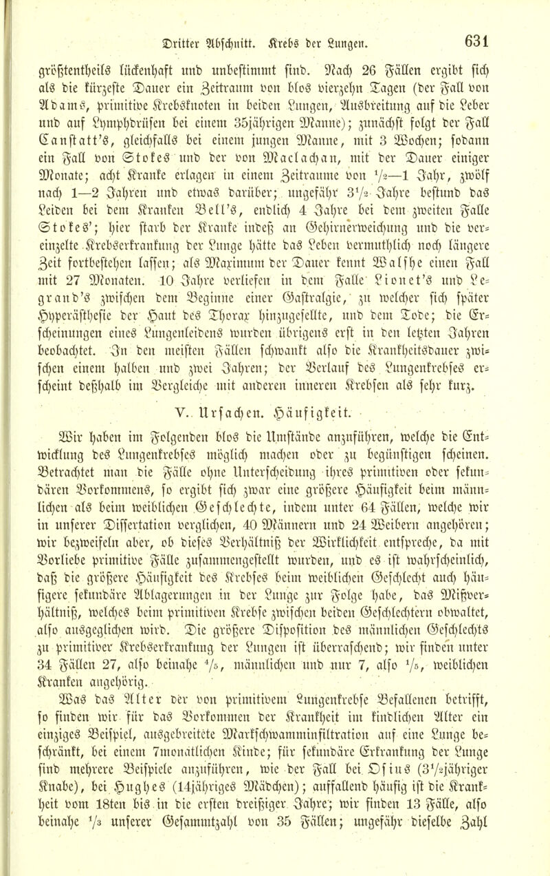 grcgtent^eUö (ücfen^aft mib unBeftimmt ftnb. D^acb 26 gäUen ergibt ftd) aU bte fürjefte 3)aiier ein ßertraum oon B(cS i>ieqet)n Zaa^m (ber gaU bon 2lbami% primitive l^reBöhioten in beiben ?nngen,^2luöbreitung anf bie ?eber nnb auf ^l)mp^brüfen bei einem Söjä^rigen 93^anne); 3-nnäd)ft fofgt ber gaH (Sanftatt'^, gleid)fall^ bei einem jungen 5D^anne, mit 3 SBoc^en; fobann ein gaU Don ©tofe^ nnb ber i^on 9JlacIad)an, mit ber 3)auer einiger Tlonak; ad}t 5?ran!e erlagen' in einem ßeitraume bon ^2—1 Qal^x, jtüblf nad^ 1—2 :[fa!)ren unb etn)a§ barüber; ungefät)r 372 -Sa'^re beftnnb ba^ ![?eiben bei bem £ranfen S3etrg, enblid) 4 x^a^re bei bemjtüetten gaHe ©tofeg'; i^ier ftarb ber S?ranfe inbef^ an ®el)irnertüeid)ung nnb bie r>er= einleite i^rebgerfranfnng ber ?unge !^ätte baö ?eben l>ermntl)üd) no(^ längere 3eit fortbefteI;en (äffen; aU 3J?a^-imum ber !^auer fennt 2öalf!)e einen gaH mit 27 5Q^onaten. 10 -Satire verliefen in bem gatle' ?ionet'§ nnb ^^e= granb'g ,:^n}if(^en bem beginne einer ©aftralgie/ ;^n lr)e(d}er ftd) fpäter §t)peräftl)efie ber gaut be^ Xt)ora?: t^injngefeHte, nnb bem 3^obe; bie @r:= f(Meinungen eineg ^ungenleibenö ronrben übrigen^ erft in ben legten -3:a^ren beobachtet. -3n ben meiften gäUen fd)tüanft alfo bie llranfl;eitgbauer ;^n3i* feigen einem i^alben nnb jtDei Oa'hren; ber Verlauf be^. ^nngenfrebfeö er= fd^eint begt^alb im ^ergteid)e mit anberen inneren ^rebfen al^ fel)r fur^^ V.. Urfad)en. ^äufigfeit. 2Bir l^aben im golgenben bb§ bie llmftänbe an^nfül^ren, meldte bie (inU iDidlung be^ iHtngenfrebfeö moglid) mad}en ober ^^n begünftigen fd)einen. 33etrad)tet man bie gatle o^^ne Unterfdieibung i[)re^ ^rimttiöen ober fetun* bären ^orfommen^, fo ergibt ftc^ 3n3ar eine griißere §äuftgfeit beim männ= liefen alg beim iüetbUd^en .@ef d)Iedhte, inbem unter 64 gätlen, tüetd)e toir in unferer 3)iffertation i^ergüd^en, 40 SD^innern unb 24 2Beibern angel)bren; tüir be^tueifetn aber, ob biefeS ^erl^ättniß ber 2BirfUd)feit. entfpred)e, ba mit ^orüebe primitii^e gäüe ^ufammengeftetlt tüurben/uitb e^ ift n)a^rfd}eintich, baß bie größere §ciufigfeit be^ Ü'rebfeö beim tr)eibUd)en (25efd)ted)t and) lydix^ figere fefunbäre Ablagerungen in ber ?unge jur golge 1)abe, ba^ SJ^igi^er* l^ältniji, n)eld)eg beim primitii^en llrebfe 3n3ifd)cn beiben ®efd)ted)tern obtDattet, atfo au^geglid^en tüirb. 3)ie größere ^ifpofition beö männlid^en @efd)Ied)tg ^n ^rimitii^er Ifrebgerfranfung ber Idingen ift uberrafd)enb; njir finben unter 34 gäüen 27, alfo beina!>e ^5, männHd}en unb nur 7, atfo ^ß, n)eiblid)en S^ranfen augel)örig. SSa^ baö Itter Der l^on ^rimitibem Sungenfrebfe 33efanenen betrifft, fo finben vo'xx für baö ^orfommen ber l^ranf^eit im !inbUd)en Atter ein ein^ige^ ^eifpiel, ausgebreitete SJ^arffd^tüamminfittration auf eine ?unge be= fc^ränft, bei einem 7monatl{d)en J^inbe; für fefunbäre (Srfranfung ber ^unge finb m.e!)rere ^eif^iete an^^ufüt^ren, tüie ber gati bei £)fiuö (SVsjä^nger tnabe), bei §ugt;eS (Uja^rigeö 9JJäb(^en); auffaÜenb ^äufig ift bie f ranf^ t)eit i)om 18ten big in bie erften breigiger ^^al^re; tüir finben 13 gälte, alfo beinahe unferer ©efammt^al)! i)on 35 gäHen; ungefähr biefelbe ßa^l