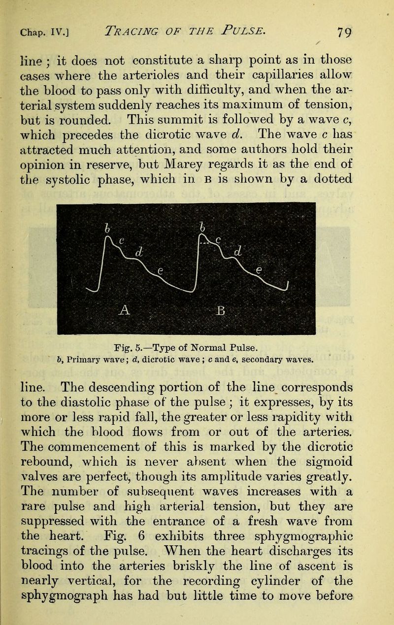 line ; it does not constitute a sharp point as in those cases where the arterioles and their capillaries allow the blood to pass only with difficulty, and when the ar- terial system suddenly reaches its maximum of tension, but is rounded. This summit is followed by a wave c, which precedes the dicrotic wave d. The wave c has attracted much attention, and some authors hold their opinion in reserve, but Marey regards it as the end of the systolic phase, which in B is shown by a dotted Fig. 5.—Type of Normal Pulse. &, Primary wave; d, dicrotic wave; c and e, secondary waves. line. The descending portion of the line corresponds to the diastolic phase of the pulse ; it expresses, by its more or less rapid fall, the greater or less rapidity with which the blood flows from or out of the arteries. The commencement of this is marked by the dicrotic rebound, which is never absent when the sigmoid valves are perfect, though its amplitude varies greatly. The number of subsequent waves increases with a rare pulse and high arterial tension, but they are suppressed with the entrance of a fresh wave from the heart. Fig. 6 exhibits three sphygmographic tracings of the pulse. When the heart discharges its blood into the arteries briskly the line of ascent is nearly vertical, for the recording cylinder of the sphygmograph has had but little time to move before