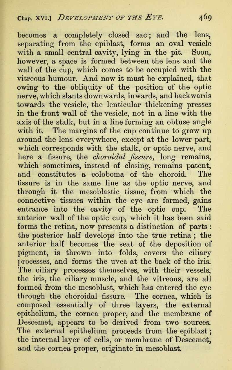 becomes a completely closed sac; and the lens, separating from the epiblast, forms an oval vesicle with a small central cavity, lying in the pit. Soon, however, a space is formed between the lens and the wall of the cup, which comes to be occupied with the vitreous humour. And now it must be explained, that owing to the obliquity of the position of the optic nerve, which slants downwards, inwards, and backwards towards the vesicle, the lenticular thickening presses in the front wall of the vesicle, not in a line with the axis of the stalk, but in a line forming an obtuse angle with it. The margins of the cup continue to grow up around the lens everywhere, except at the lower part, which corresponds with the stalk, or optic nerve, and here a fissure, the choroidal fissure, long remains, which sometimes, instead of closing, remains patent, and constitutes a coloboma of the choroid. The fissure is in the same line as the optic nerve, and through it the mesoblastic tissue, from which the connective tissues within the eye are formed, gains entrance into the cavity of the optic cup. The anterior wall of the optic cup, which it has been said forms the retina, now presents a distinction of parts : the posterior half develops into the true retina; the anterior half becomes the seat of the deposition of pigment, is thrown into folds, covers the ciliary })rocesses, and forms the uvea at the back of the iris. The ciliary processes themselves, with their vessels, the iris, the ciliary muscle, and the vitreous, are all formed from the mesoblast, which has entered the eye through the choroidal fissure. The cornea, which is composed essentially of three layers, the external epithelium, the cornea proper, and the membrane of Descemet, appears to be derived from two sources. The external epithelium proceeds from the epiblast; the internal layer of cells, or membrane of Descemet, and the cornea proper, originate in mesoblast.