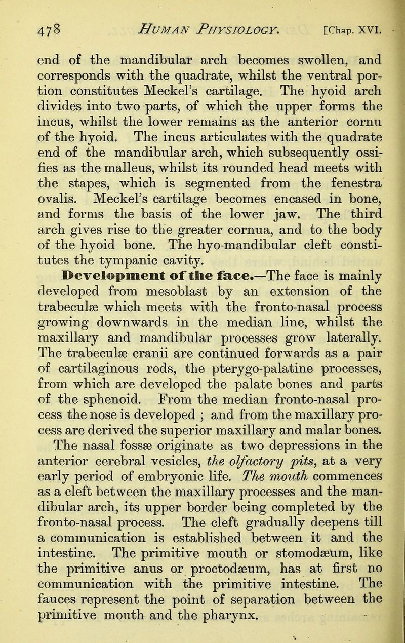 end of the mandibular arch becomes swollen, and corresponds with the quadrate, whilst the ventral por- tion constitutes Meckel's cartilage. The hyoid arch divides into two parts, of which the upper forms the incus, whilst the lower remains as the anterior cornu of the hyoid. The incus articulates with the quadrate end of the mandibular arch, which subsequently ossi- fies as the malleus, whilst its rounded head meets with the stapes, which is segmented from the fenestra ovalis. Meckel's cartilage becomes encased in bone, and forms the basis of the lower jaw. The third arch gives rise to the greater cornua, and to the body of the hyoid bone. The hyo-mandibular cleft consti- tutes the tympanic cavity. development of the face.—The face is mainly developed from mesoblast by an extension of the trabeculse which meets with the fronto-nasal process growing downwards in the median line, whilst the maxillary and mandibular processes grow laterally. The trabeculse cranii are continued forwards as a pair of cartilaginous rods, the pterygo-palatine processes, from which are developed the palate bones and parts of the sphenoid. From the median fronto-nasal pro- cess the nose is developed ; and from the maxillary pro- cess are derived the superior maxillary and malar bones. The nasal fossse originate as two depressions in the anterior cerebral vesicles, the olfactory pits, at a very early period of embryonic life. The mouth commences as a cleft between the maxillary processes and the man- dibular arch, its upper border being completed by the fronto-nasal process. The cleft gradually deepens till a communication is established between it and the intestine. The primitive mouth or stomodseum, like the primitive anus or proctodseum, has at first no communication with the primitive intestine. The fauces represent the point of separation between the primitive mouth and the pharynx.