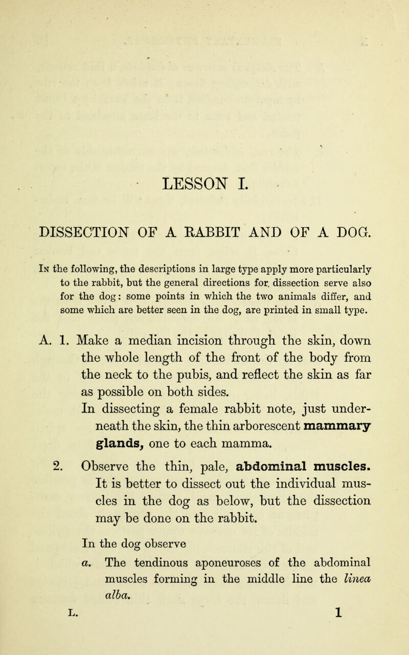 DISSECTION OF A RABBIT AND OF A DOG. In the following, the descriptions in large type apply more particularly to the rabbit, but the general directions for, dissection serve also for the dog: some points in which the two animals diiffer, and some which are better seen in the dog, are printed in small type. A. 1. Make a median incision through the skin, down the whole length of the front of the body from the neck to the pubis, and reflect the skin as far as possible on both sides. In dissecting a female rabbit note, just under- neath the skin, the thin arborescent mammary glands^ one to each mamma. 2. Observe the thin, pale, abdominal muscles. It is better to dissect out the individual mus- cles in the dog as below, but the dissection may be done on the rabbit. In the dog observe a. The tendinous aponeuroses of the abdominal muscles forming in the middle line the Uiiea alba. L. 1