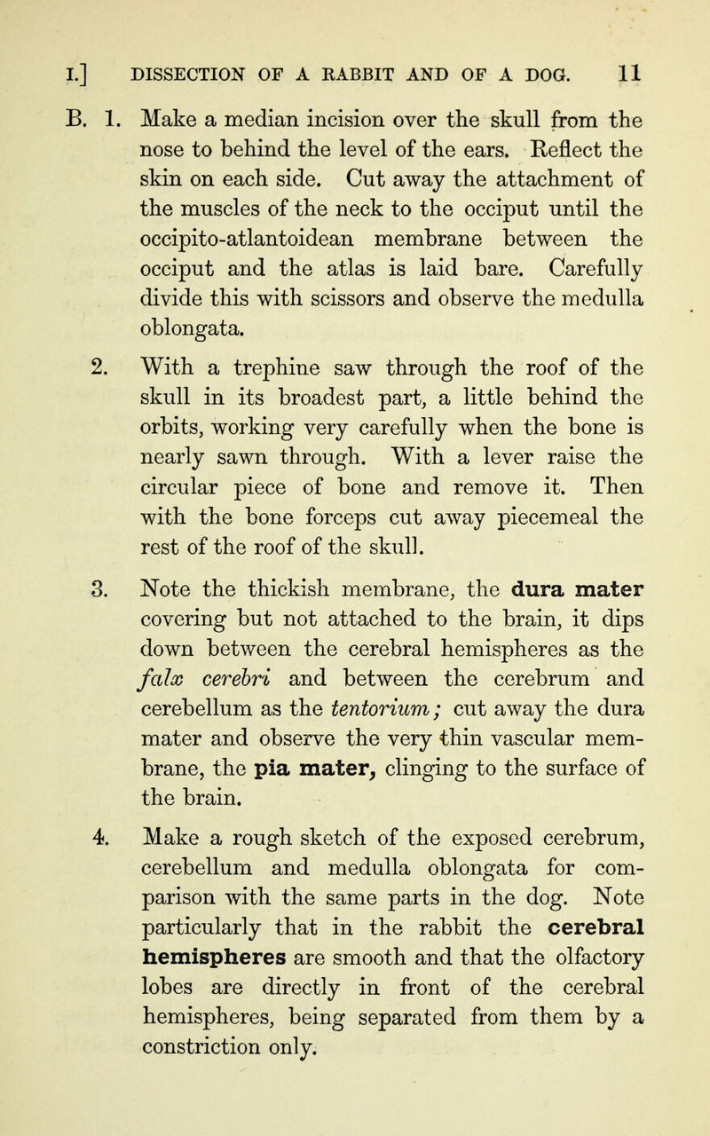 B. 1. Make a median incision over the skull from the nose to behind the level of the ears. Reflect the skin on each side. Cut away the attachment of the muscles of the neck to the occiput until the occipito-atlantoidean membrane between the occiput and the atlas is laid bare. Carefully divide this with scissors and observe the medulla oblongata. 2. With a trephine saw through the roof of the skull in its broadest part, a little behind the orbits, working very carefully when the bone is nearly sawn through. With a lever raise the circular piece of bone and remove it. Then with the bone forceps cut away piecemeal the rest of the roof of the skull. 3. Note the thickish membrane, the dura mater covering but not attached to the brain, it dips down between the cerebral hemispheres as the falx cerebri and between the cerebrum and cerebellum as the tentorium; cut away the dura mater and observe the very thin vascular mem- brane, the pia mater, clinging to the surface of the brain. 4. Make a rough sketch of the exposed cerebrum, cerebellum and medulla oblongata for com- parison with the same parts in the dog. Note particularly that in the rabbit the cerebral hemispheres are smooth and that the olfactory lobes are directly in front of the cerebral hemispheres, being separated from them by a constriction only.
