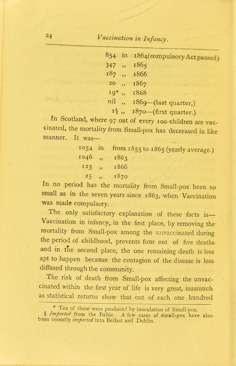 854 in 1864(compulsory Act passed) 347 rr 1865 187 „ 1866 20 ,, 1867 19* „ 1868 nil „ 1869—(last quarter,) r§ „ 1870—(first quarter.) In Scotland, where 97 out of every 100 children are vac- cinated, the mortality from Small-pox has decreased in like manner. It was— 1054 in from 1855 to 1865 (yearly average.) 1046 „ 1863 123 „ 1866 25 „ 1870 In no period has the mortality from Small-pox been so small as in the seven years since 1863, when Vaccination was made compulsory. The only satisfactory explanation of these facts is— Vaccination in infancy,, in the first place, by removing the mortality from Small-pox among the unvaccinated during the period of childhood, prevents four out of five deaths and in the second place, the one remaining death is less- apt to happen because the contagion of the disease is less diffused through the community. The risk of death from Small-pox affecting the unvac- cinated within the first year of life is very great, inasmuch as statistical returns show that out of each one hundred * Ten of these were produced by inoculation of Small-pox. § Imported from the Baltic. A few cases of small-pox have also been recently imported into Belfast and Dublin.