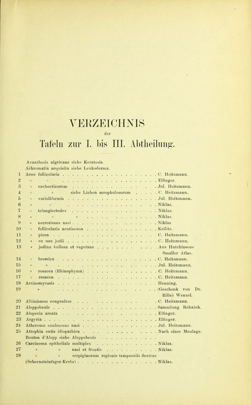 VERZEICHNIS der Tatein zur I. bis III. Abtheilung. Acantliosis nigricans siehe Keratosis. Achromatia acquisita siehe Leukoderma. 1 Acne follicularis C. Heitzmann. 2 » » Elfinger. 3 » cachecticorum Jul. Heitzmann. 4 » » siehe Liehen scrophulosorum ..... C. Heitzmann. 5 » varioliformis Jul. Heitzmann. 6 » » Niklas. 7 » telangiectodes . . Niklas. 8 » » » Niklas. 9 » necrotisans nasi Niklas 10 » follicularis acutissima Keilitz. 11 » picea C. Heitzmann. 12 » ex usu jodii C. Heitzmann. 13 » jodina bullosa et vegetans Aus Hutchinsons Smaller Atlas. 14 > bromica C. Heitzmann. 15 » » Jul. Heitzmann. 16 » rosacea (Khinophyma) C. Heitzmann. 17 » rosacea ' C. Heitzmann. 18 Actinomycosis Henning. 19 » (Geschenk von Dr. Rille) Wenzel. 20 Albinismus congenitus C. Heitzmann. 21 Aleppobeule Sammlung Rehazek. 22 Alopecia areata Elfinger. 23 Argyria Elfinger. 24 Atheroma exuleerans nasi Jul. Heitzmann. 25 Atrophia cutis idiopathica Nach einer Moulage, Bouton d'Alepp siehe Aleppobeule 26 Carcinoma epitheliale multiplex Niklas. 27 » » nasi et frontis Niklas. 28 » » serpiginosum regionis temporalis dextrae (Schornsteinfeger Krebs) Niklas.