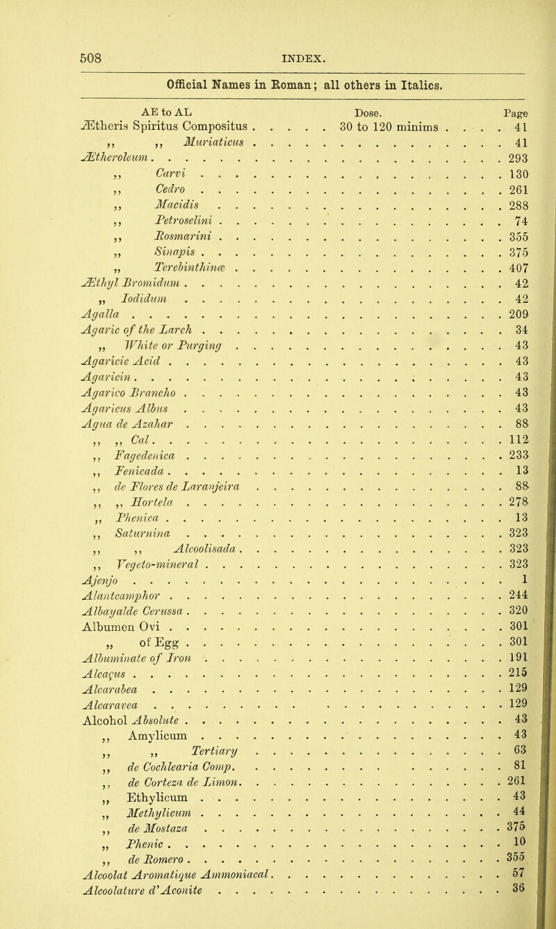 Official Names in Roman; all others in Italics. AE to AL Dose. Page iEtheris Spiritus Compositus 30 to 120 minims .... 41 Muriaticus 41 JEtheroleum 293 „ Carvi . „ 130 „ Cedro 261 „ Macidis 288 Fetroselini 74 Rosmarini 355 Sinapis 375 „ Terebinthince 407 JEthyl Bromidum 42 „ Iodidum 42 Agalla 209 Agaric of the Larch 34 White or Purging 43 Agaricic Acid 43 Agaricin 43 Agarico Brancho 43 Agaricus Albus 43 Agua de Azahar 88 „ „ Cal 112 „ Fagedenica 233 Fenicada 13 ,, de Flores de Laranjeira 88 „ „ Hortela 278 Fhenica 13 Saturnina 323 ,, Alcoolisada 323 „ Vegeto-mineral 323 Ajenjo 1 Alantcamphor 244 Albayalde Cerussa 320 Albumen Ovi 301 „ of Egg 301 Albuminate of Iron 191 Alcagus 215 Alcarabea ISja Alcaravea . ........... 12ja Alcohol Absolute 43 Amylicum 43 „ „ Tertiary 63 de Cochlearia Gomp 81 de Corteza de Limon. . 261 „ Ethylicum 43 Methylicum 44 de Mostaza 375 „ Phenic * * Imh „ de Romero 355 Alcoolat Aromatique Ammoniacal 57 Alcoolature d'Aconite 36