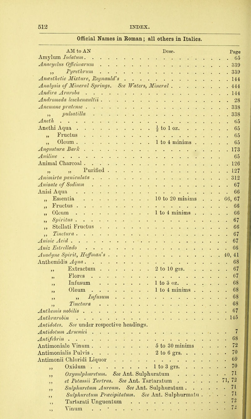 Official Names in Koman; all others in Italics. AM to AN Dose. Page Amylum Iodatum 65 Anacyclus Officinarum 339 Pyrethrum 339 Ancesthetic Mixture, Regnauld's 144 Analysis of Mineral Springs. See Waters, Mineral 444 Andira Araroba 144 Andromeda leschenaultii 28 Anemone pratense 338 „ Pulsatilla 338 Aneth 65 Anethi Aqua \ to 1 oz 65 „ Fructus 65 ,, Oleum 1 to 4 minims 65 Angustura Bark 173 Aniline 65 Animal Charcoal ....126 „ „ Purified 127 Animirta paniculata 312 Anisate of Sodium 67 Anisi Aqua 66 „ Essentia 10 to 20 minims . . .66, 67 „ Fructus 66 „ Oleum 1 to 4 minims 66 „ Spiritus 67 „ Stellati Fructus 66 ,, Tinctura 67 Anisic Acid 67 Aniz Estrellado 66 Anodyne Spirit, Hoffman s 40, 41 Anthemidis Aqua 68 ,, Extractum 2 to 10 grs 67 „ Flores 67 ,, Infusum 1 to 3 oz 68 Oleum 1 to 4 minims 68 „ Infusum -WM ,, Tinptura . . @jm Anthemis nobilis 67 Anthrarobin 145 Antidotes. See under respective headings. Antidotum Arsenici 7 Antifebrin .• ;'mg Antimoniale Vinum 5 to 30 minims .... 72 Antimonialis Pulvis 2 to 6 grs 70 Antimonii Chloridi Liquor 69 „ Oxidum 1 to 3 grs 70 Oxysulphuretum. See Ant. Sulphuratum 71 ,, et Potassii Tartras. See Ant. Tartaratum 71, 72 \ Aureum. See Ant. Sulphuratum 71 cecipitatum. See Ant. Sulphurmatu .... 71 Tartarati Unguentum 72 Vinum ■ . fflEa/