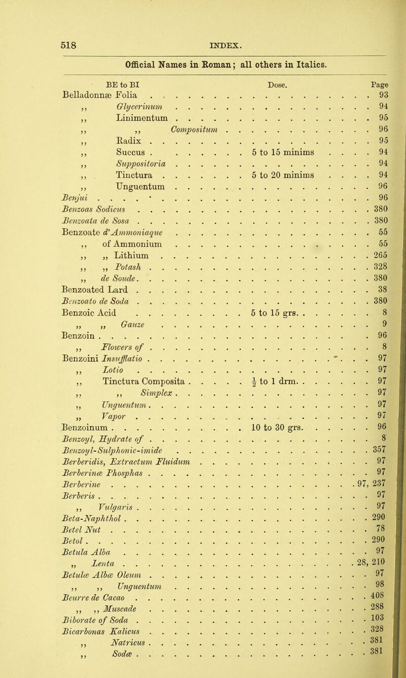 Official Names in Roman; all others in Italics. BE to BI Dose. Page Belladonnse Folia . 93 Glycerinum 94 Linimentum 95 „ Compositum 96 „ Radix 95 Succus . 5 to 15 minims .... 94 Suppositoria 94 Tinctura 5 to 20 minims .... 94 Unguentum 96 Benjui . 96 Benzoas Sodicus 380 Benzoata de Sosa 380 Benzoate d' Ammoniaque 55 of Ammonium 55 „ Lithium 265 „ „ Potash 328 „ de Sonde 380 Benzoated Lard 38 Boizoato de Soda 380 Benzoic Acid 5 to 15 grs 8 „ Gauze * <vH Benzoin .96 Flowers of 8 Benzoini Insufflatio ' ... 97 „ Lotio <M ,, Tinctura Composita \ to 1 drm 97 ,, Simplex. . 9m „ Unguentum 97 „ Vapor Wk Benzoinum 10 to 30 grs 96 Benzoyl, Hydrate of 8 Benzoyl- Sulphonic-imide 357 Berberidis, Extractum Fluidum s ... 97 Berber ince Phosphas 97 Berberine 97, 237 Berberis . 9« „ Vulgaris f|l Beta-Naphthol 290 Betel Nut Wj Betol 2l| Betula Alba Wk „ Lenta 28'1H Betulce Albce Oleum 97 „ Unguentum 98 Beurre de Cacao 408 „ Muscade 288 Biborate of Soda 103 Bicarbonas Kalicus 328 „ JVatricus ■ • • 3^ „ Soda . 3f