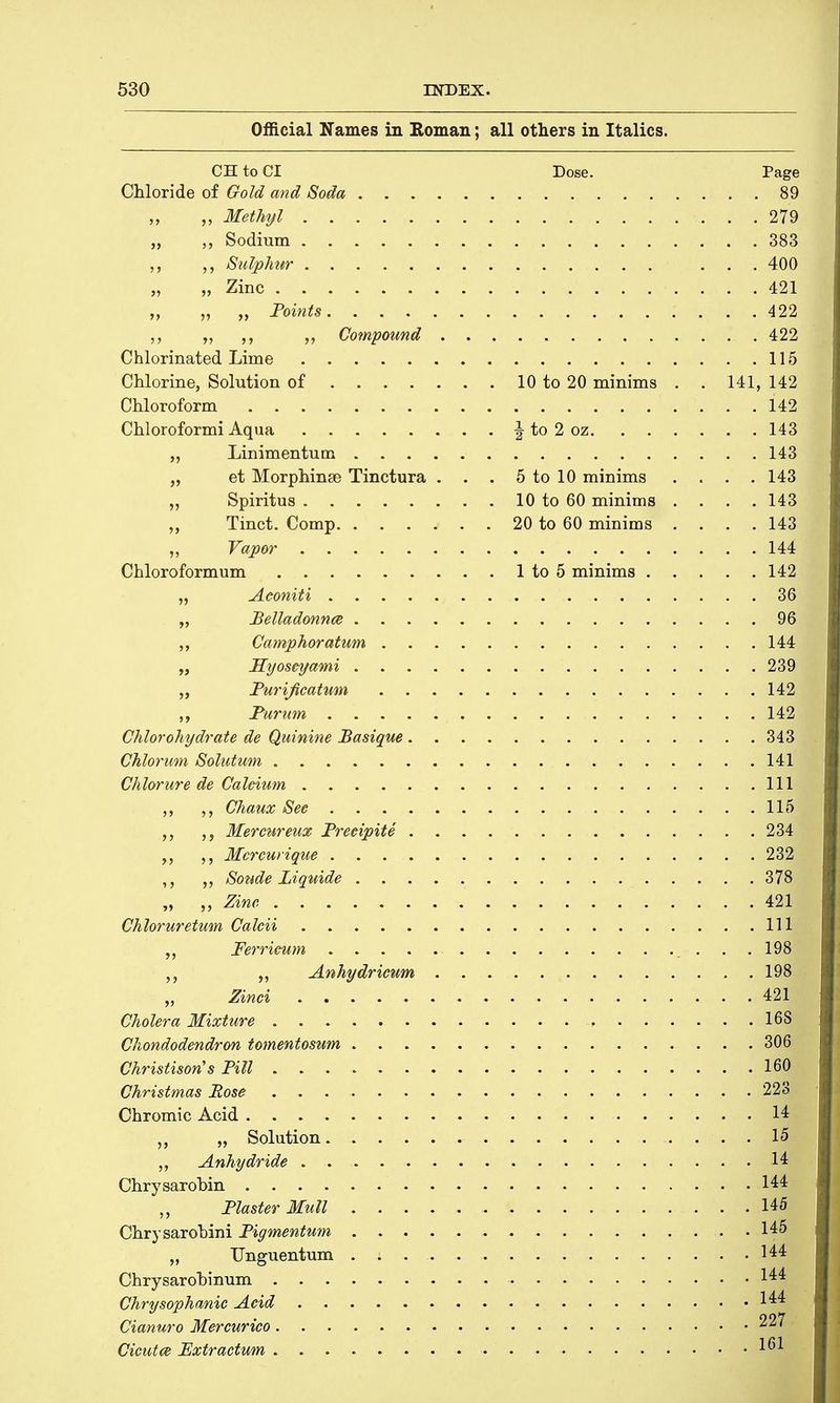 Official Names in Eoman; all others in Italics. CH to CI Dose. Page Chloride of Gold and Soda 89 Methyl 279 „ „ Sodium 383 ,, ,, Sulphur 400 „ Zinc 421 „ „ „ Points 422 „ „ Compound 422 Chlorinated Lime 115 Chlorine, Solution of 10 to 20 minims . . 141, 142 Chloroform 142 Chloroformi Aqua \ to 2 oz 143 „ Linimentum 143 „ et Morphinse Tinctura . . . 5 to 10 minims . . . .143 ,, Spiritus 10 to 60 minims .... 143 „ Tinct. Comp 20 to 60 minims .... 143 ,, Vapor 144 Chloroformum 1 to 5 minims 142 „ Aconiti 36| „ Belladonna 96j ,, Camphoratum 144 „ Eyoscyami 239 ,, Purificatum 142 Purum 142 Chlorohydrate de Quinine Basique 343 Chlorum Solutum 141 Chlorure de Calcium Ill ,, Chaux Sec 115 Mercureux Precipite 234 ,, Mcrcurique 232 ,, ,, Sonde Liquide 378 „ „ Zinc 42ffl Chloruretum Calcii Ill „ Perricum 198 „ Anhydricum 198 „ Zinci 42|| Cholera Mixture 16S Chondodendron tomentoswm 306 Christison's Pill 160 Christmas Pose 223 Chromic Acid 14 „ „ Solution 15 „ Anhydride 14 Chrysarobin 144 „ Plaster Mull 145 Chrysarohini Pigmentum 145 „ Unguentum 144 Chrysarohinum 144 Chrysophanic Acid 144 Cianuro Mercurico 227 Cicutce Extractum 161