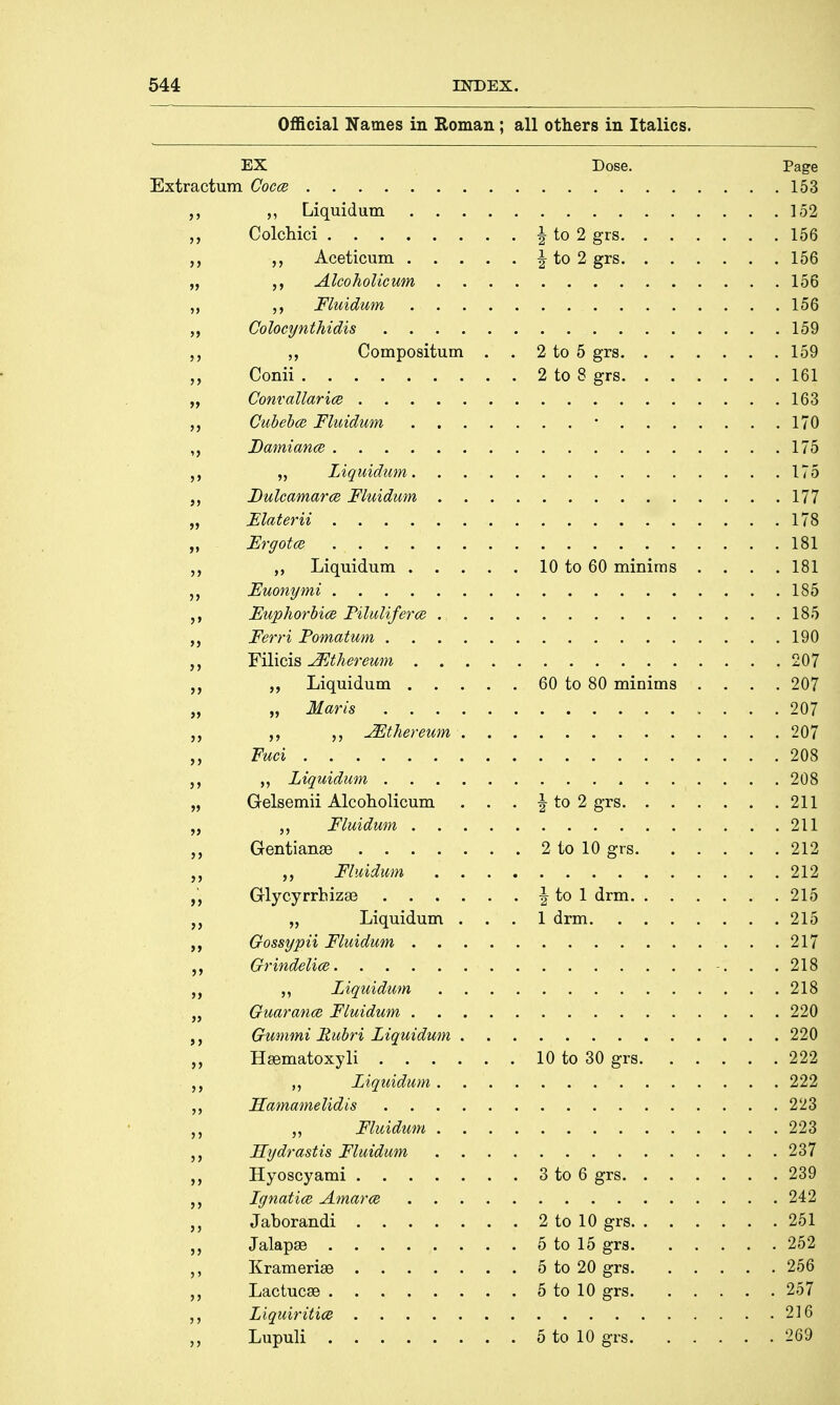 Official Names in Roman; all others in Italics. EX Dose. Page Extractum Cocce 153 ,, Liquidum 152 „ Colchici | to 2 grs 156 „ Aceticum \ to 2 grs 156 „ Alcoholicum 156 „ Fluidum 156 „ Colocynthidis 159 „ „ Compositum . . 2 to 5 grs 159 „ Conii 2 to 8 grs 161 „ Convallarice 163 Cubebce Fluidum ■ 170 Damiance 175 „ Liquidum 175 Dulcamarce Fluidum 177 „ Elaterii 178 „ Ergot* 181 „ Liquidum 10 to 60 minims .... 181 Euonymi 185 Euphorbia Piluliferce 185 Ferri Pomatum 190 Filicis JEthereum 207 „ Liquidum 60 to 80 minims .... 207 „ „ Maris 207 „ „ JEthereum 207 „ Fuci 208 Liquidum 208 „ Gelsemii Alcoholicum . . . | to 2 grs 211 „ „ Fluidum .211 „ Gentianae 2 to 10 grs 212 „ „ Fluidum . 212 „ Glycyrrhizae §• to 1 drm 215 „ Liquidum ... 1 drm 215 ,, Gossypii Fluidum 217 Grindelice 218 „ Liquidum 218 „ Guarance Fluidum 220 Gummi Rubri Liquidum 220 „ Hsematoxyli 10 to 30 grs 222 Liquidum 222 Hamamelidis 223 „ Fluidum 223 Hydrastis Fluidum 237 ,, Hyoscyami 3 to 6 grs 239 „ Lgnatice Amarce 242 „ Jahorandi 2 to 10 grs 251 „ Jalapae 5 to 15 grs 252 ,, Kramerise 5 to 20 grs 256 Lactucse 5 to 10 grs 257 Liquiritice 216 Lupuli 5 to 10 grs 269