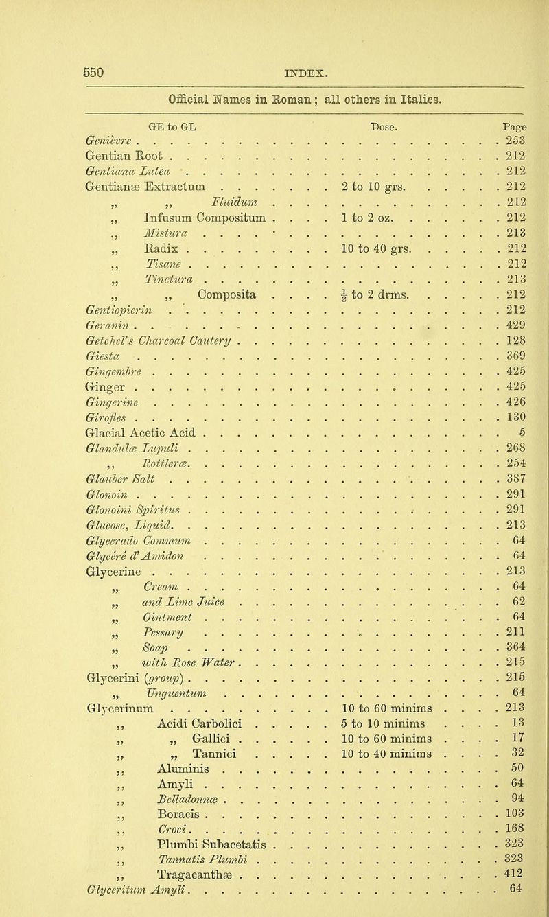 Official Karnes in Roman ; all others in Italics. GE to GL Dose. Page Genievre 253 Gentian Eoot 212 Gentiana Lutea • 212 Gentiante Extractum 2 to 10 grs 212 „ „ FUiidum 212 „ Infusum Compositum . . . . 1 to 2 oz 212 „ Mistura . . . . • 213 „ Radix 10 to 40 grs 212 Tisane 212 Tinctura 213 „ „ Composita . . . . \ to 2 drms 212 Gentiopicrin 212 Geranin 429 GetcheVs Charcoal Cautery 128 Giesta 369 Gingembre 425 Ginger 425 Ginger ine 426 Girofles 130 Glacial Acetic Acid 5 Glandules Lupuli 268 „ Bottlercs 254 Glauber Salt '. ■ 387 Glonoin 291 Glonoini Spiritus j 291 Glucose, Liquid 213 Glycerado Commum 64 Glycere d'Amidon 64 Glycerine 213 „ Cream 64 „ and Lime Juice 62 „ Ointment 64 „ Pessary „ 211 „ Soap 364 „ with Rose Water 215 Glycerini {group) 215 „ TJnguentum 1 64 Glj'cerinum 10 to 60 minims .... 213 Acidi Carbolici 5 to 10 minims . . . . 13 „ „ Gallici 10 to 60 minims .... 17 „ „ Tannici 10 to 40 minims .... 32 Aluminis 50 Amyli 64 Belladonnas 94 Boracis 103 Croci 168 Plumbi Subacetatis 323 Tannatis Plumbi 323 Tragacanthse 412 Glyceritum Amyli 64
