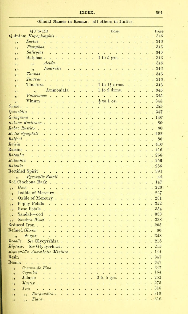 Official Names in Roman; all others in Italics. QU to RE Dose. Page Quininse Hypophosphis 346 „ Lactas 346 Phosphas 346 Salicylas . 346 „ Sulphas 1 to 5 grs 343 Adda 346 „ ,, Neutralis 346 Tannas 346 ,, Tartras 346 Tinctura 1 to \\ dims 343 Ammoniata . . . . 1 to 2 drms 345 Valerianas 345 Vinum \ to 1 oz 345 Quino 255 Quinoidin 347 Quinquina 146 Rabano Rusticano 80' Rabao Rustico 80 Radix Symphiti 402 Raifort 80 Raisin 416 Raisins 416 Ratanha 256 Ratanhia 256 Ratania 256 Rectified Spirit 391 Pyroxylic Spirit 44 Red Cinchona Bark 147 ,, Gum 220- ,, Iodide of Mercury 227 Oxide of Mercury 231 Poppy Petals 352 Rose Petals 354 „ Sandal-wood 338 Sanders-Wood 338 Reduced Iron 205 Refined Silver 80 „ Sugar 358 Regaliz. See Grlycyrrhiza 215 Reglisse. See Glycyrrhiza 215 Regnauld's Anaesthetic Mixture 144 Resin 347 Resina 347 ,,• Oomum de Pino 347 Ufa Copaiba 164 ,, JalapaB 2 to 5 grs 252 \ ,, Mastix 275 ,, Pini 316 p >, Burgundica 316 \ „ „ Flava 316
